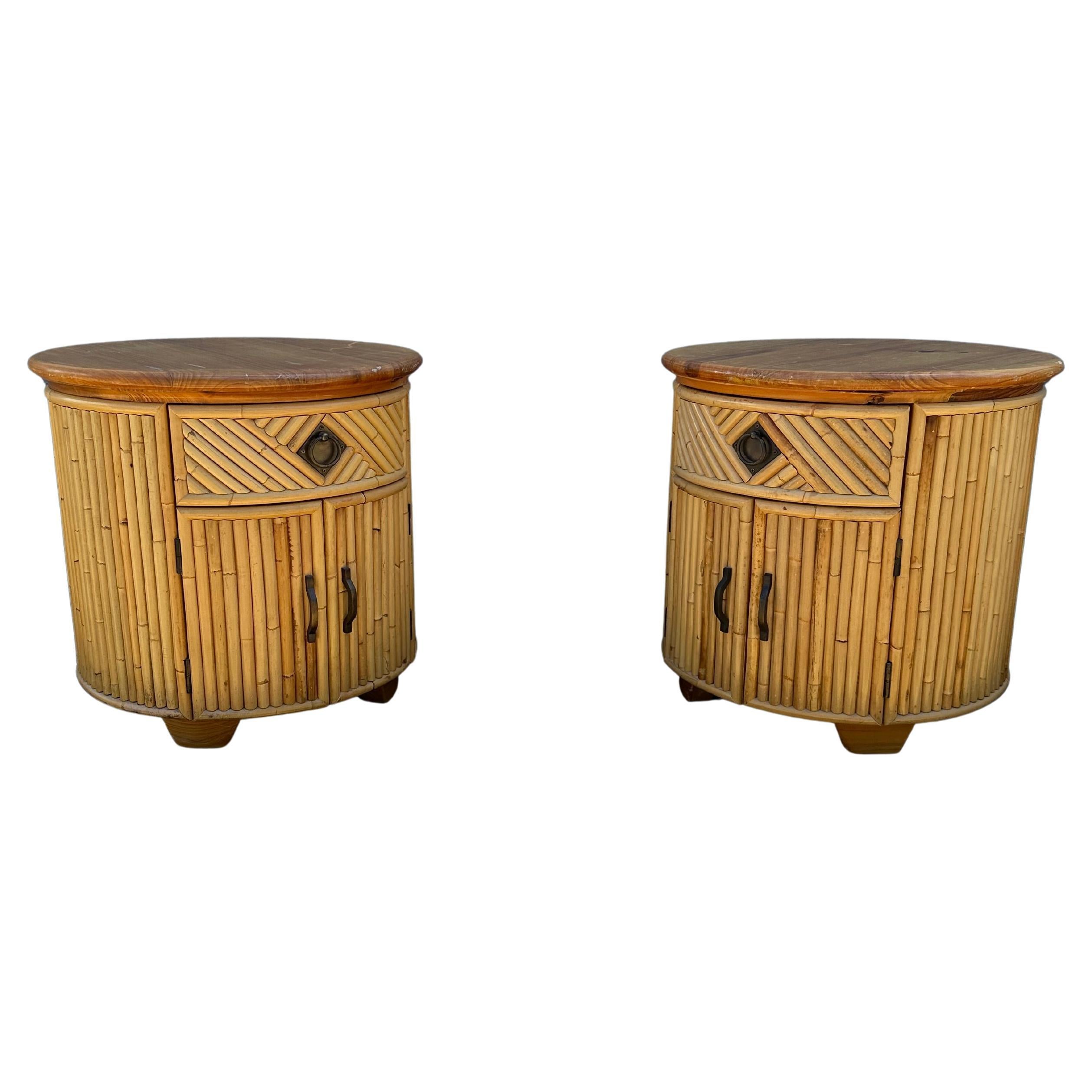 1980s Drum Round Rattan Reed Oak Nightstands, Set of 2