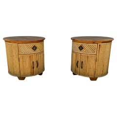 1980s Drum Round Rattan Reed Oak Nightstands, Set of 2