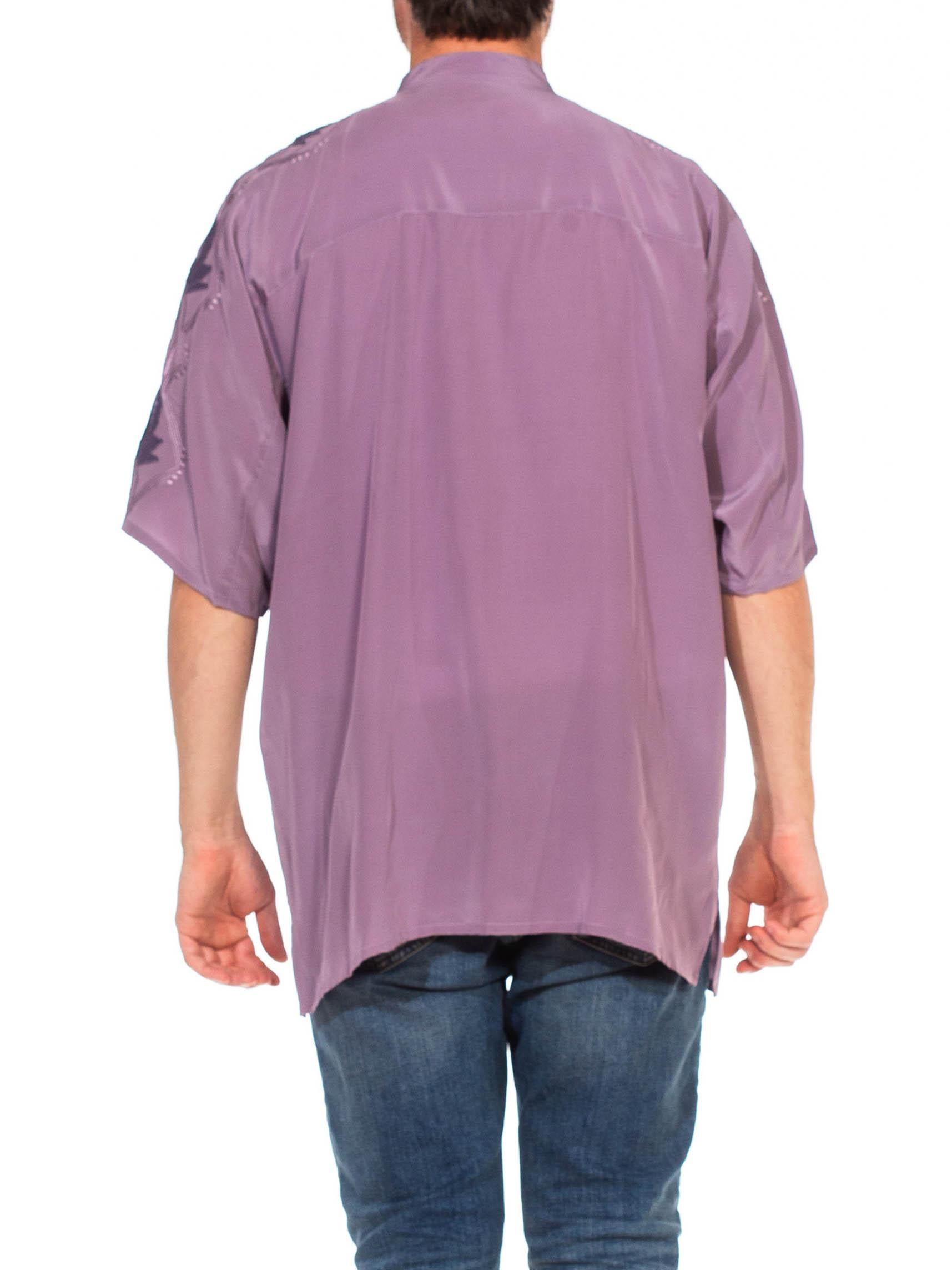 1980S Dusty Purple Hand Embroidered Silk Crepe De Chine Men's Shirt NWT 4