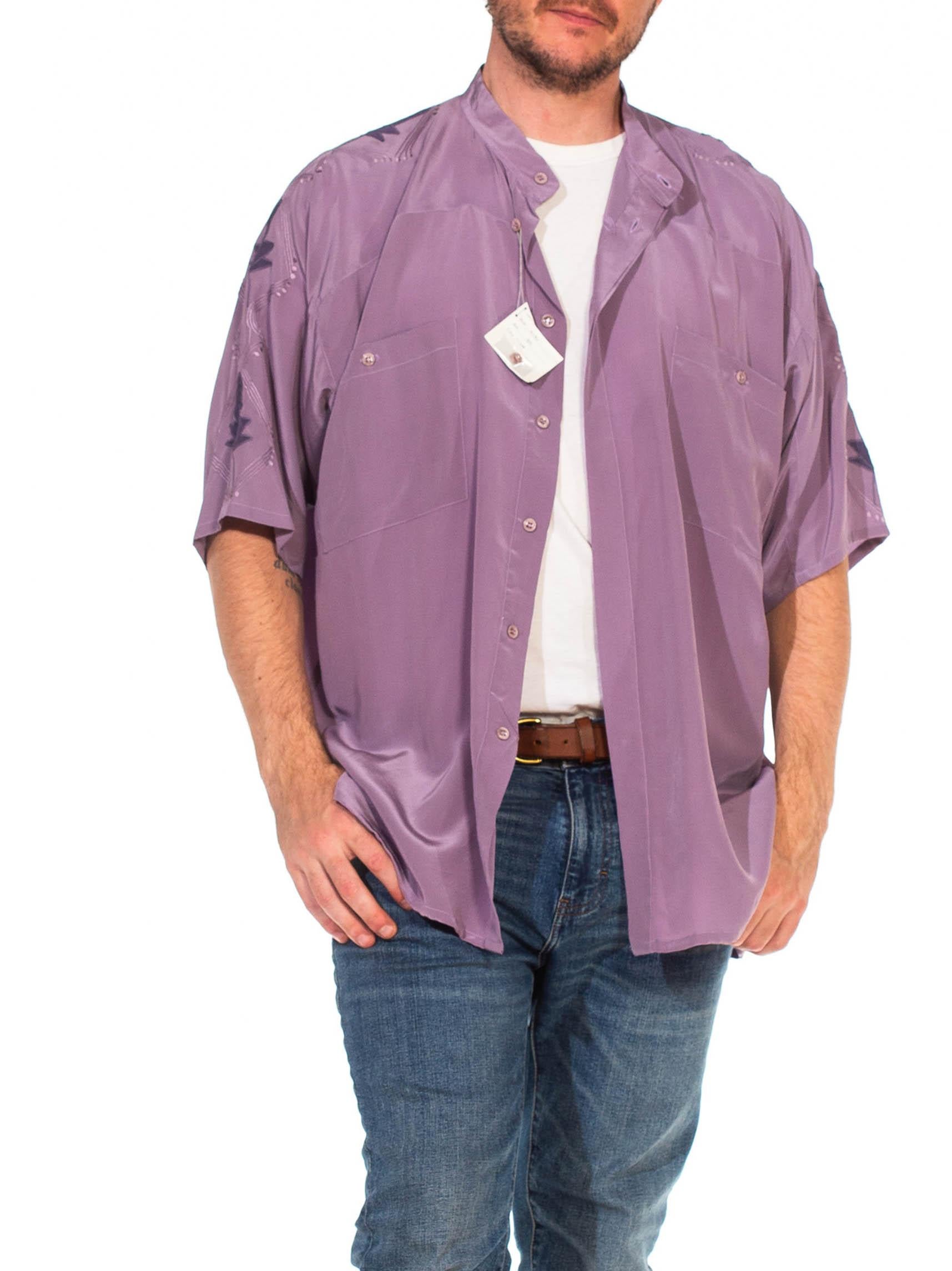 1980S Dusty Purple Hand Embroidered Silk Crepe De Chine Men's Shirt NWT 1