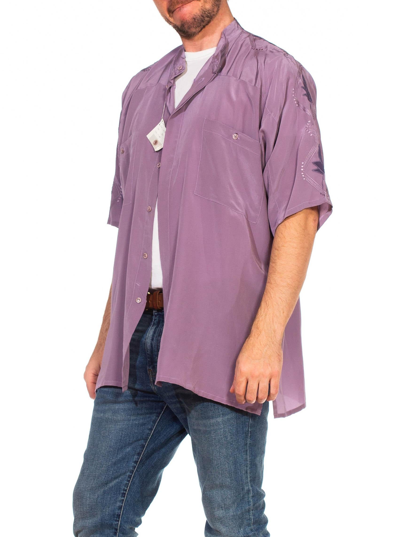 1980S Dusty Purple Hand Embroidered Silk Crepe De Chine Men's Shirt NWT 2