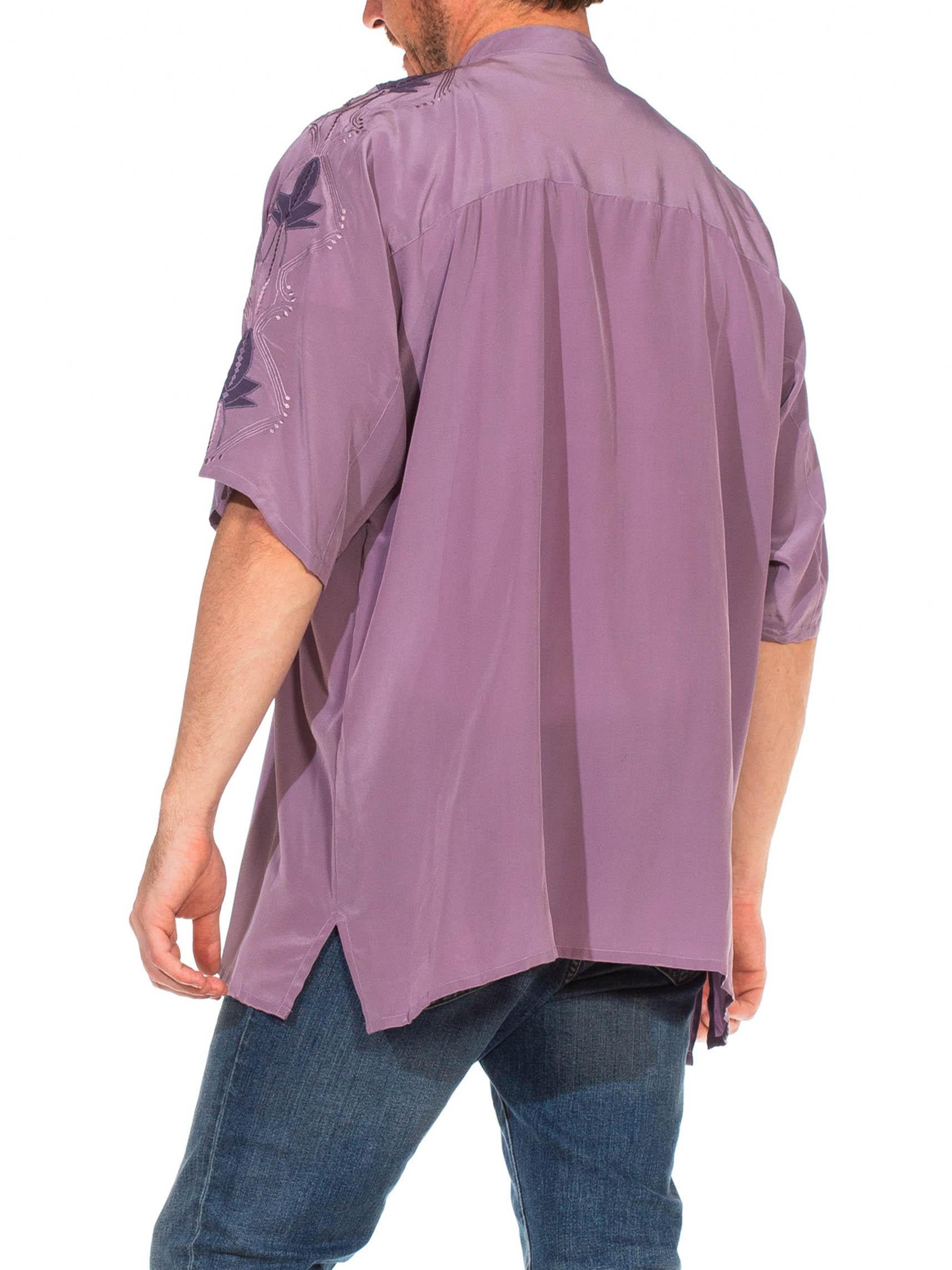 1980S Dusty Purple Hand Embroidered Silk Crepe De Chine Men's Shirt NWT 3
