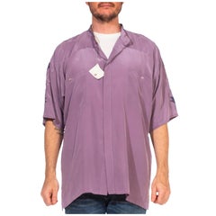 Retro 1980S Dusty Purple Hand Embroidered Silk Crepe De Chine Men's Shirt NWT