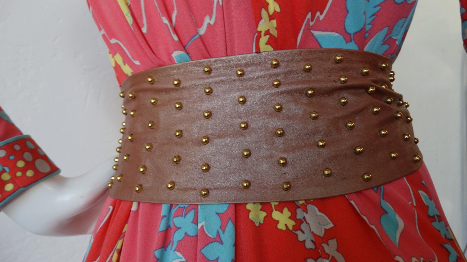 Brown 1980s Dusty Rose Leather & Gold Studded Tie Belt 