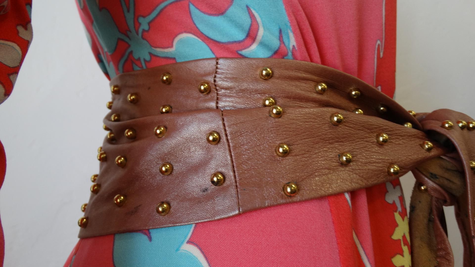 Women's or Men's 1980s Dusty Rose Leather & Gold Studded Tie Belt 