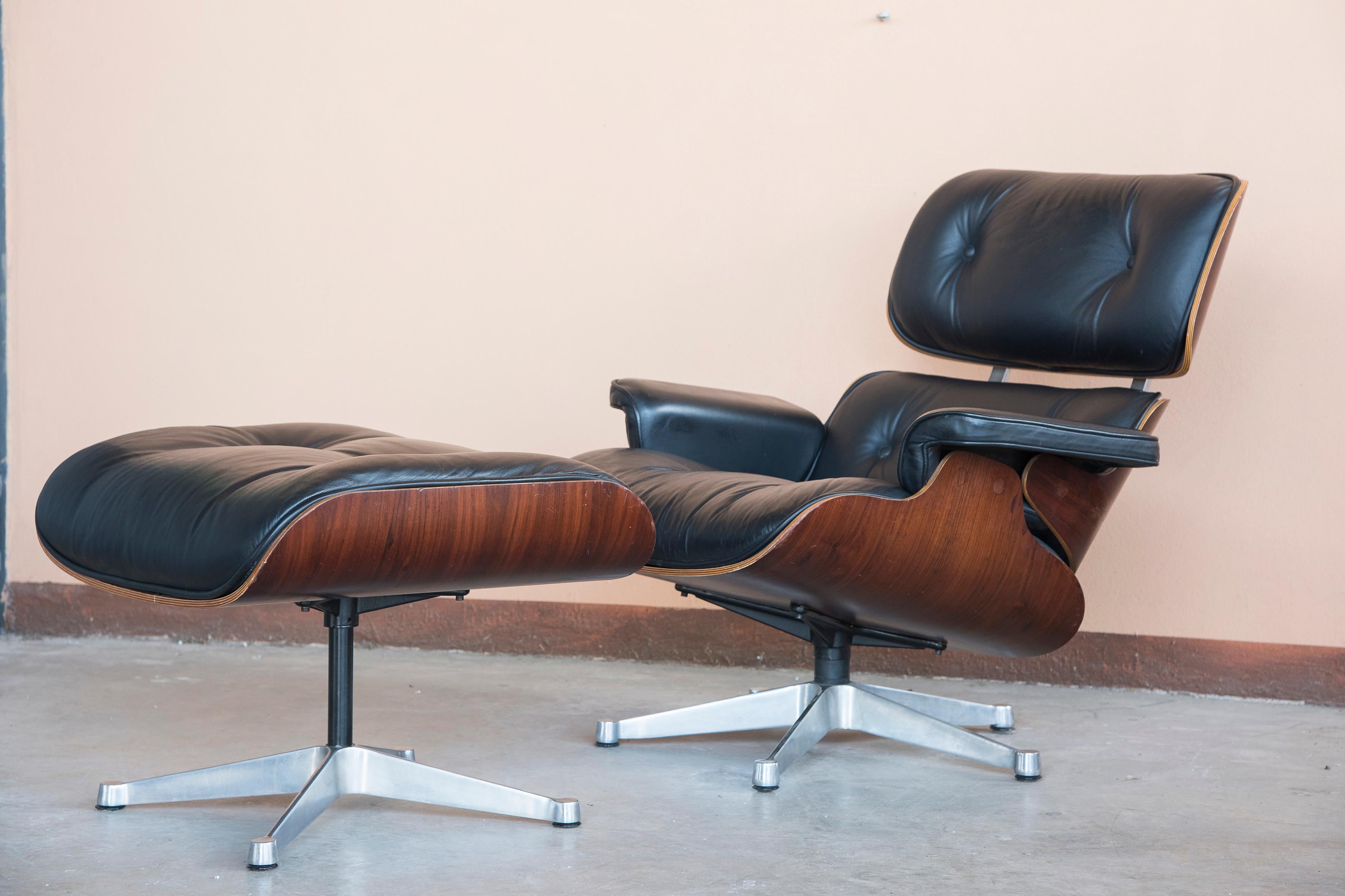 Italian 1980s Eames 670 Lounge Chair and 671 Ottoman Black Leather by ICF