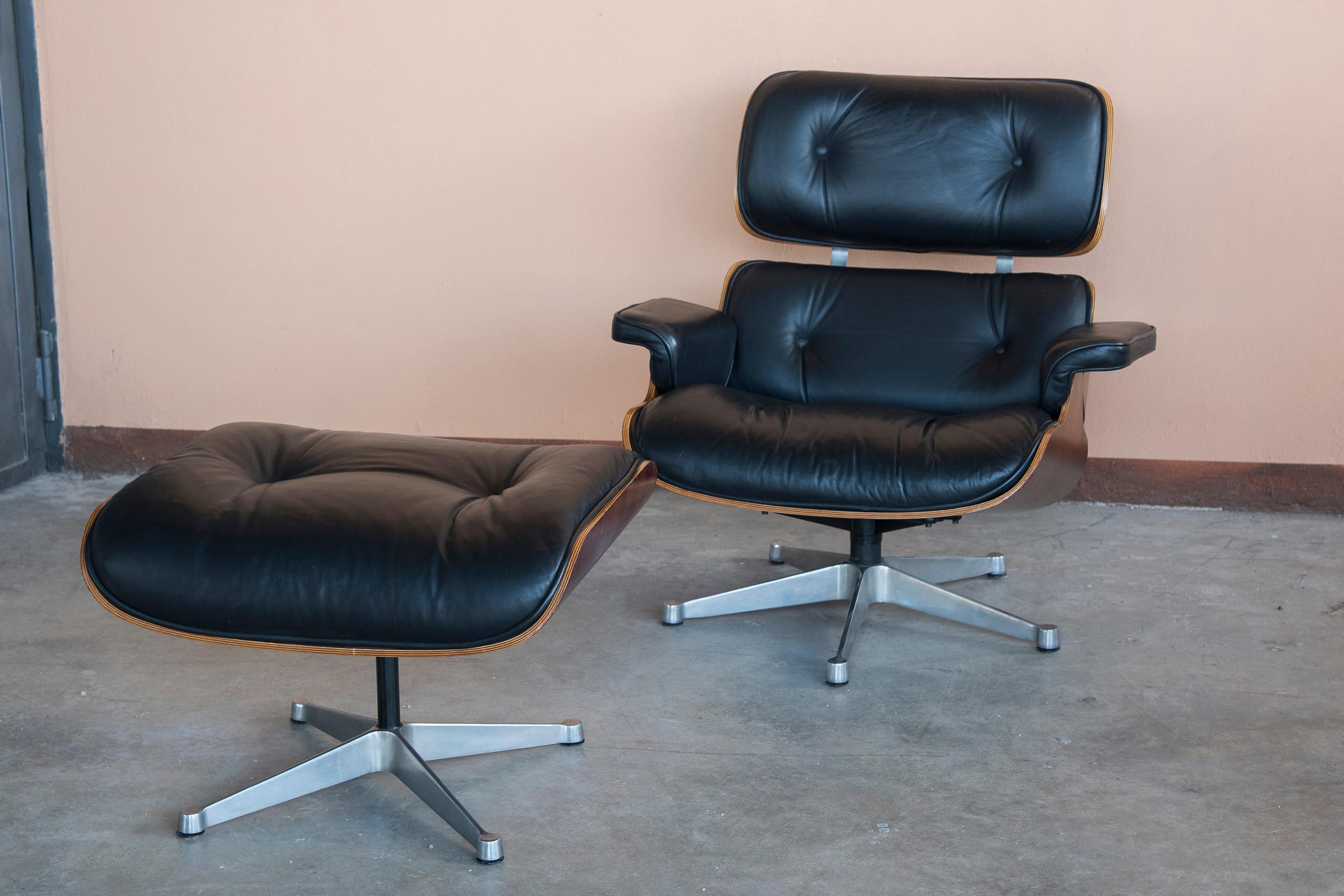 Late 20th Century 1980s Eames 670 Lounge Chair and 671 Ottoman Black Leather by ICF
