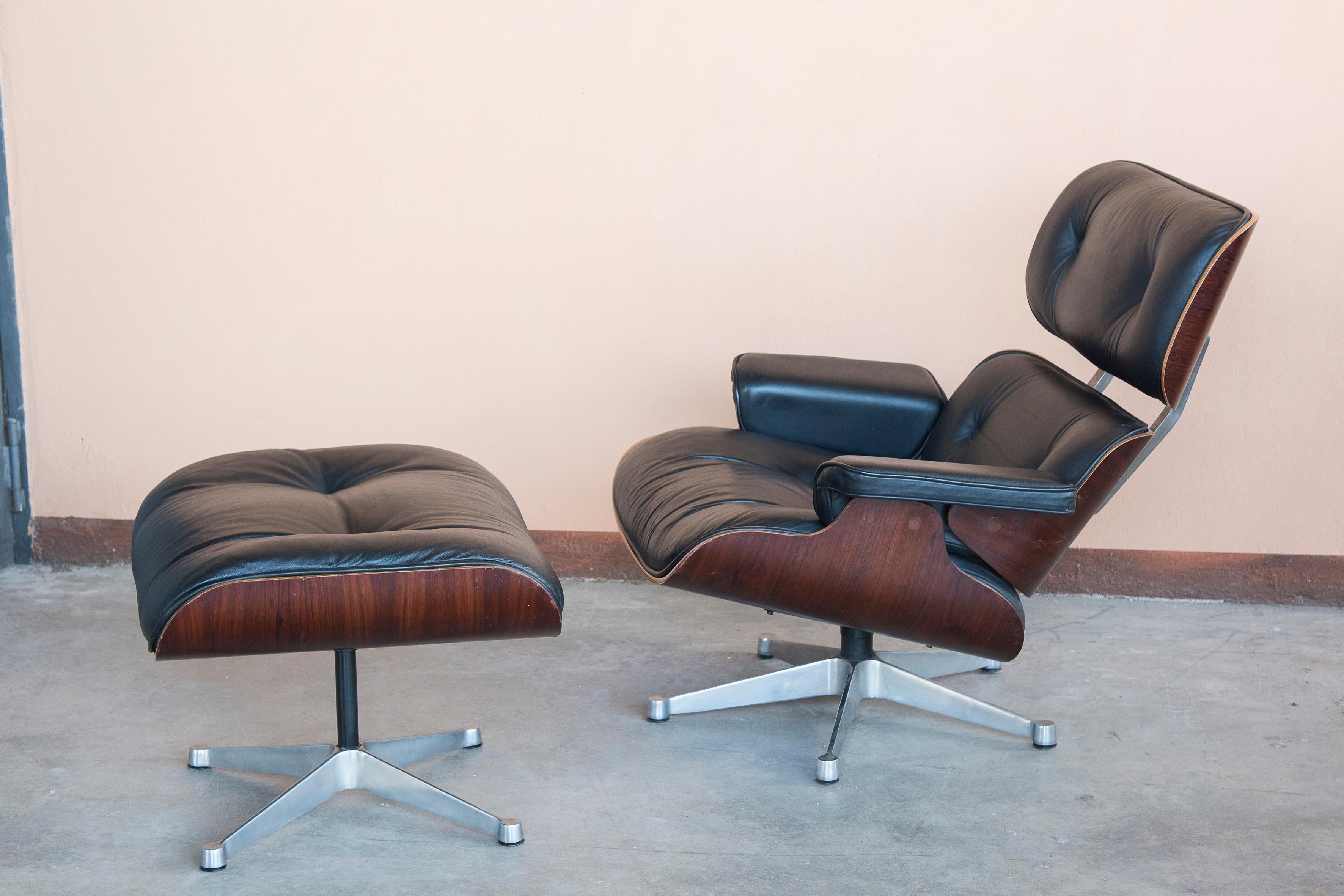 Steel 1980s Eames 670 Lounge Chair and 671 Ottoman Black Leather by ICF