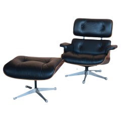 Chaise Longue Eames 670 et Pouf 671 en Cuir Noir par ICF des Années 1980