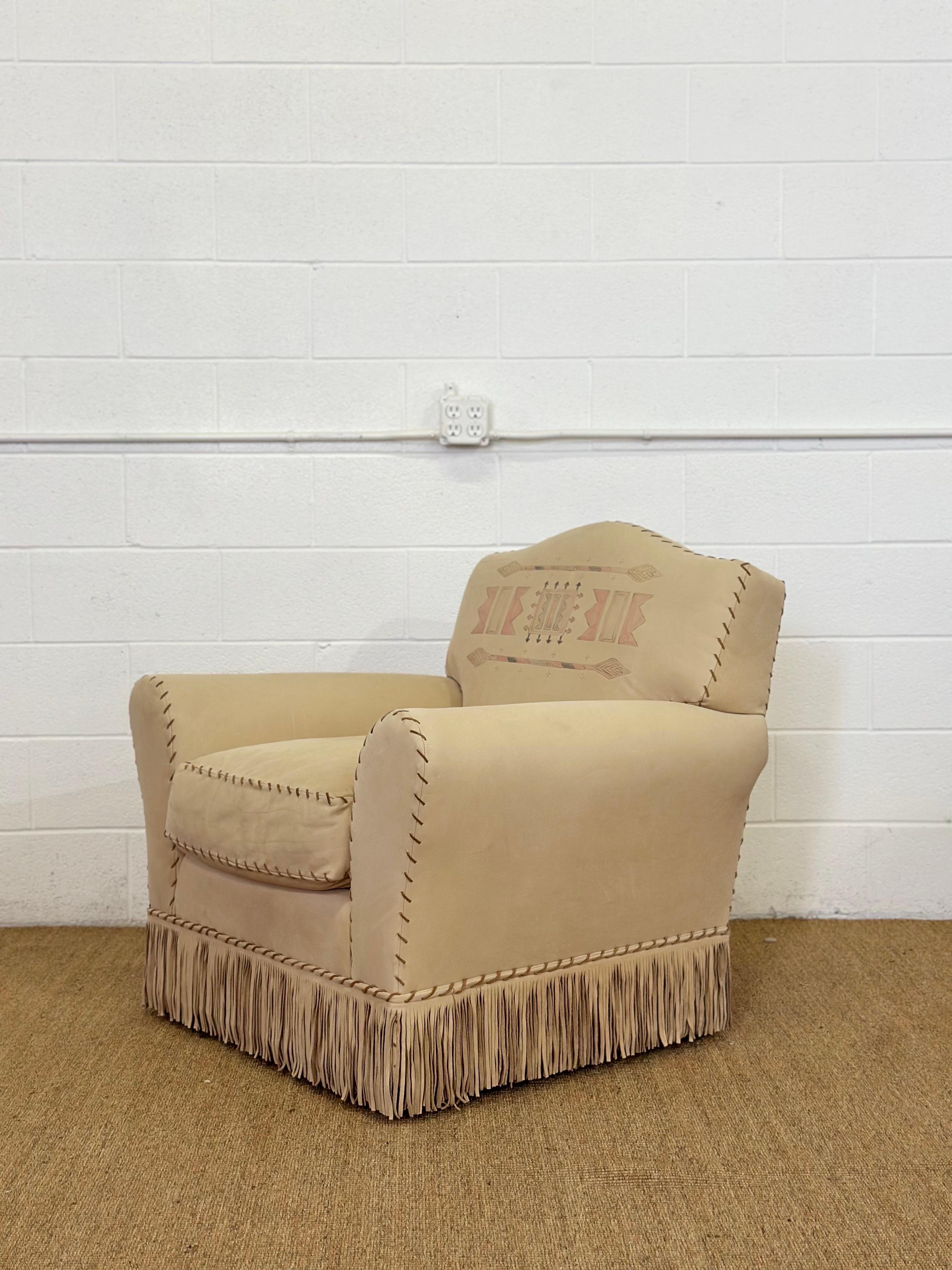 Silla club de cuero con flecos pintada a mano Ralph Lauren, de los años 80, poco común en Bueno estado para la venta en Farmington Hills, MI