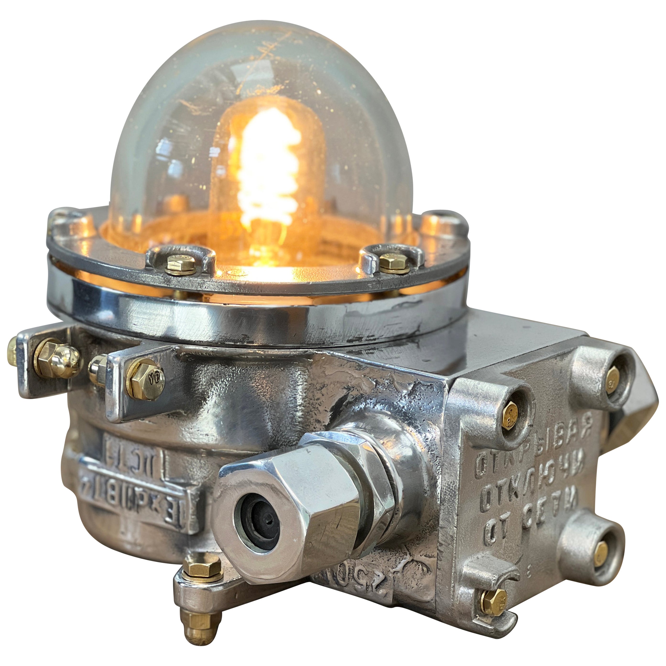 Lampada da tavolo industriale a prova di esplosione in alluminio fuso e vetro degli anni '80 del blocco orientale