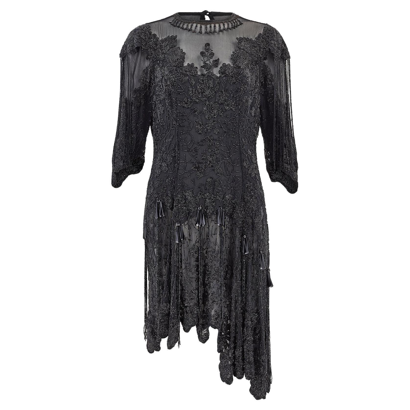 1980er Jahre Eavis & Brown Couture Schwarzes Perlenkleid im Flapper Style im Angebot