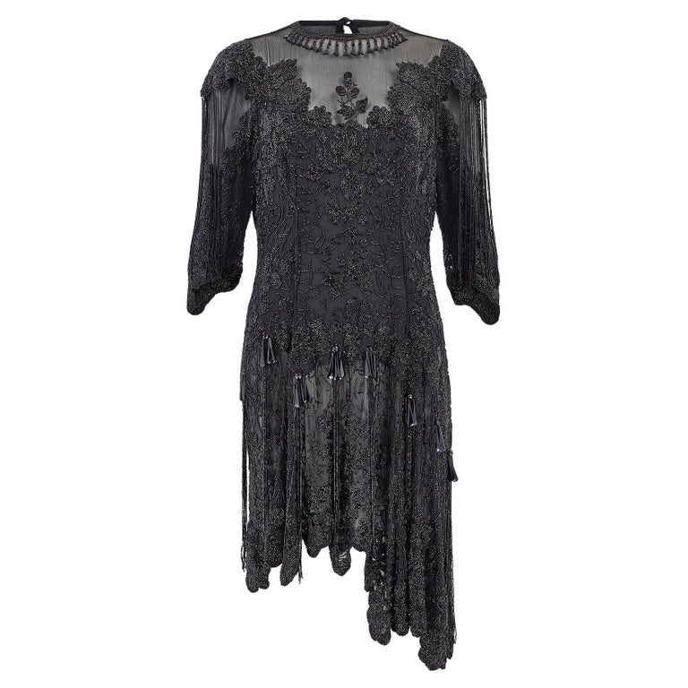 1980s Eavis And Brown Couture Black Beaded Flapper Style Dress