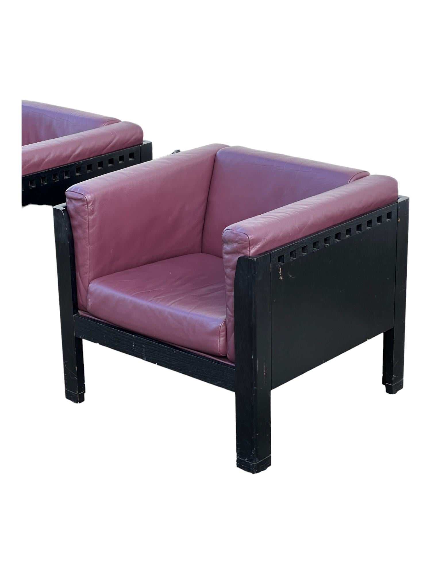 1980s Ebonized-Walnut Postmodern Purple Leather Club Chairs by Brian Kane In Good Condition In South San Francisco, CA