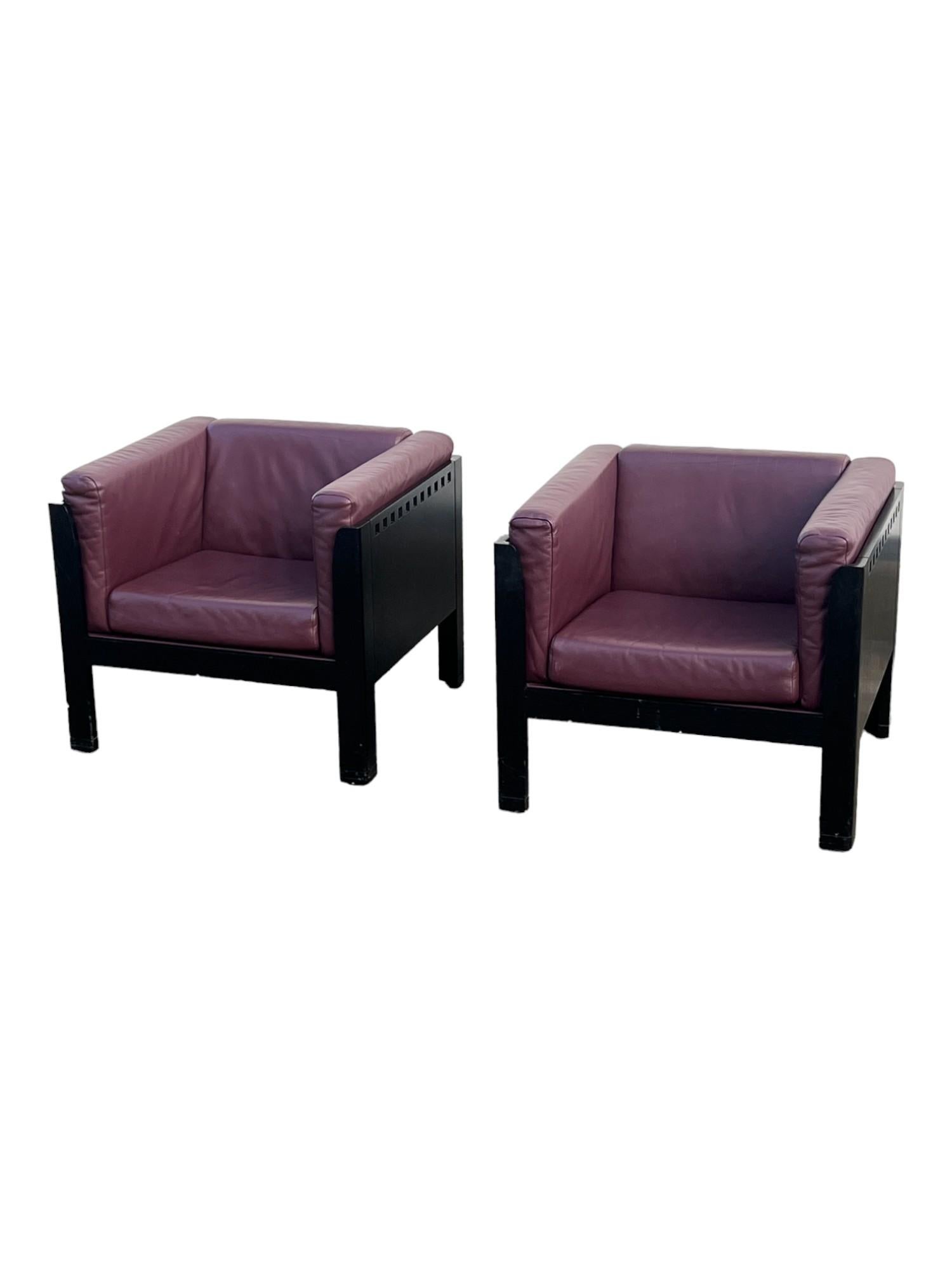 1980s Ebonized-Walnut Postmodern Purple Leather Club Chairs by Brian Kane 2