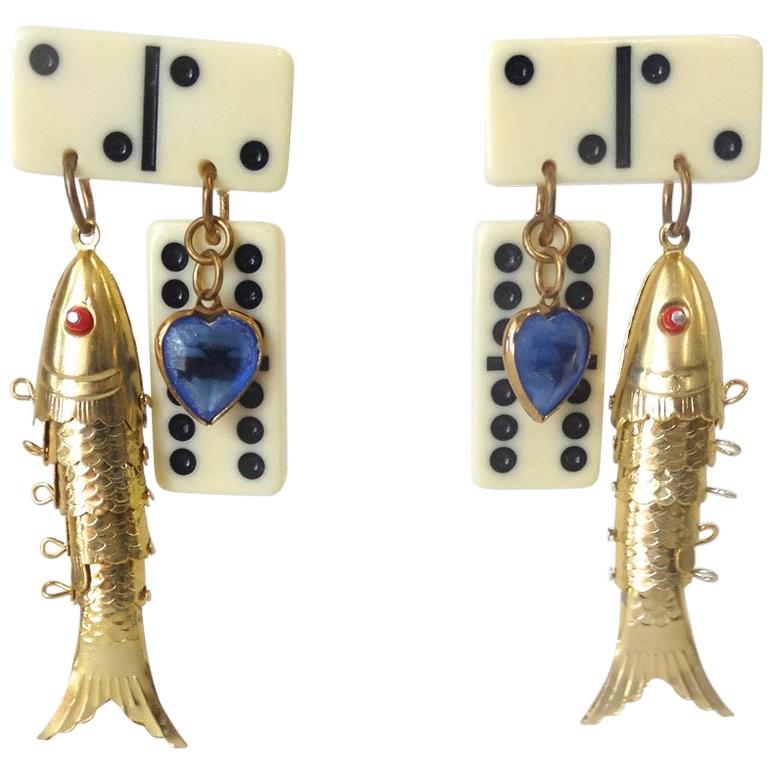 1980s Eclectic Domino Charm Statement Earrings