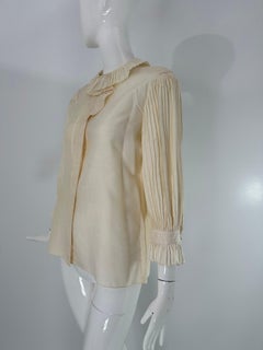 1980s Ecru Raw Silk Accordion Pleated Sleeve Button Front Blouse