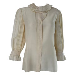 Vintage 1980s Ecru Raw Silk Accordion Pleated Sleeve Button Front Blouse