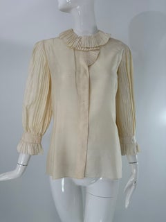 1980s Ecru Raw Silk Accordion Pleated Sleeve Button Front Blouse