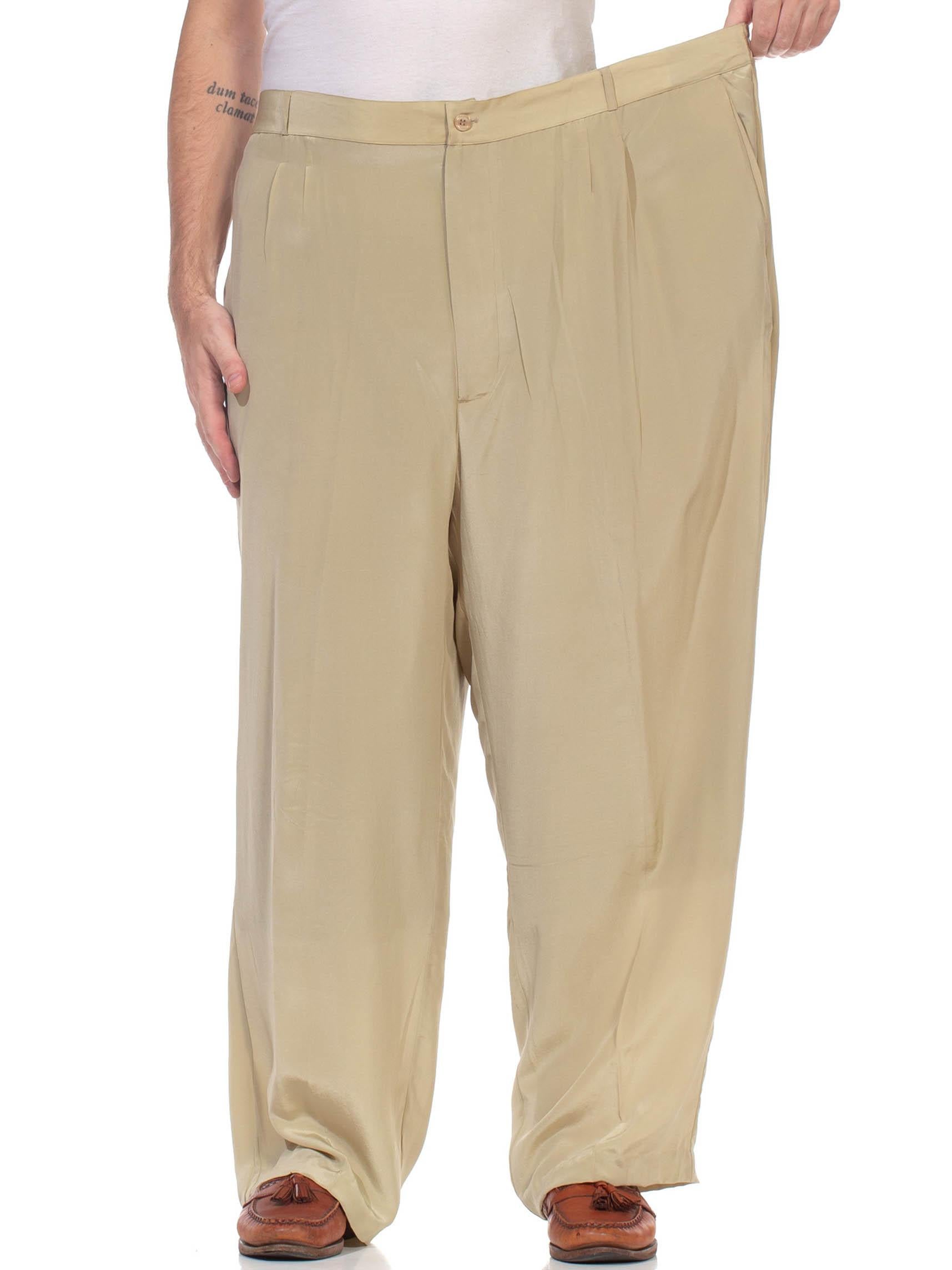 Beige 1980S Ecru Silk Crepe De Chine Pleated & Elastic Mens Lightweight Pants
