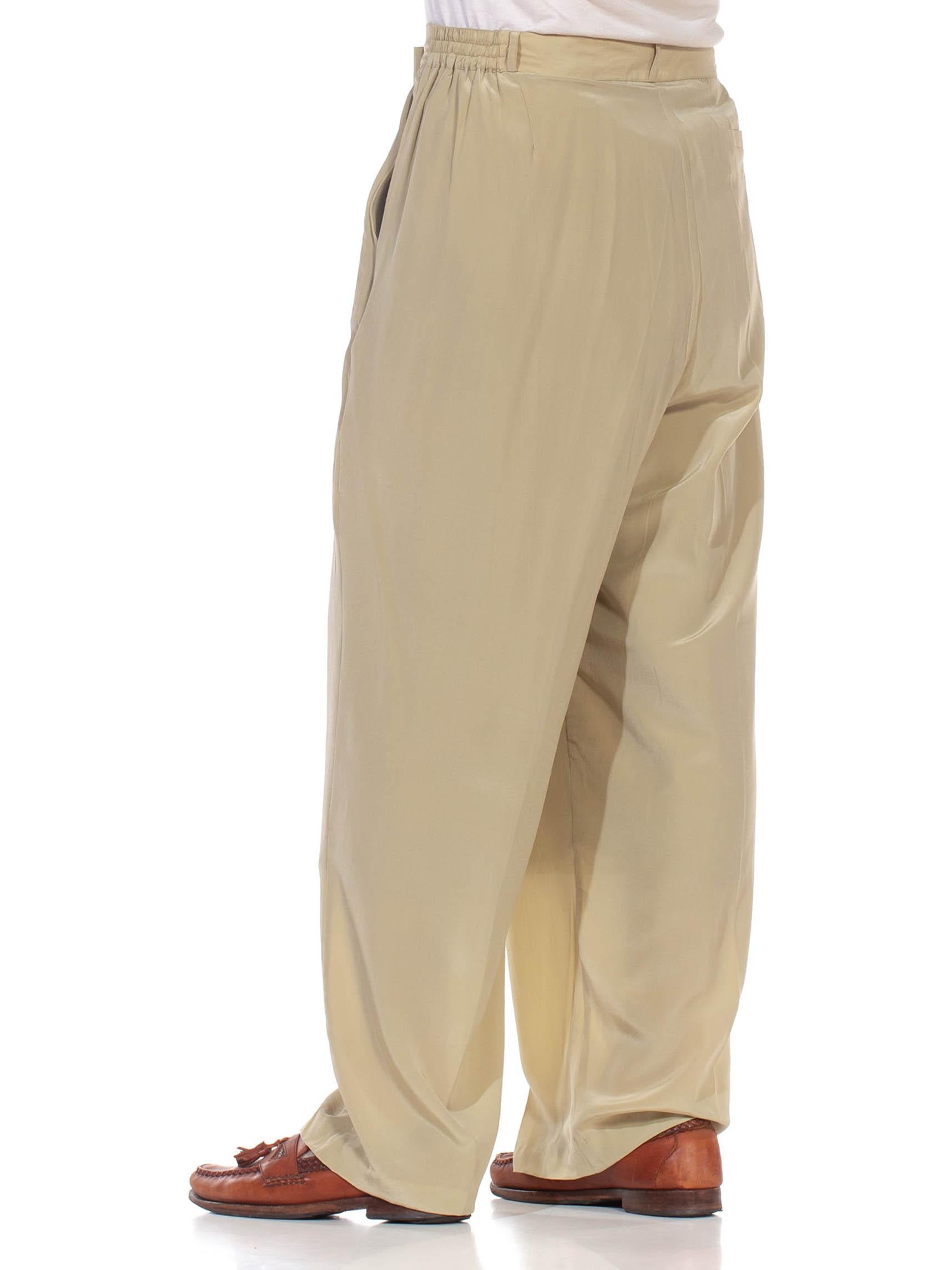 Men's 1980S Ecru Silk Crepe De Chine Pleated & Elastic Mens Lightweight Pants