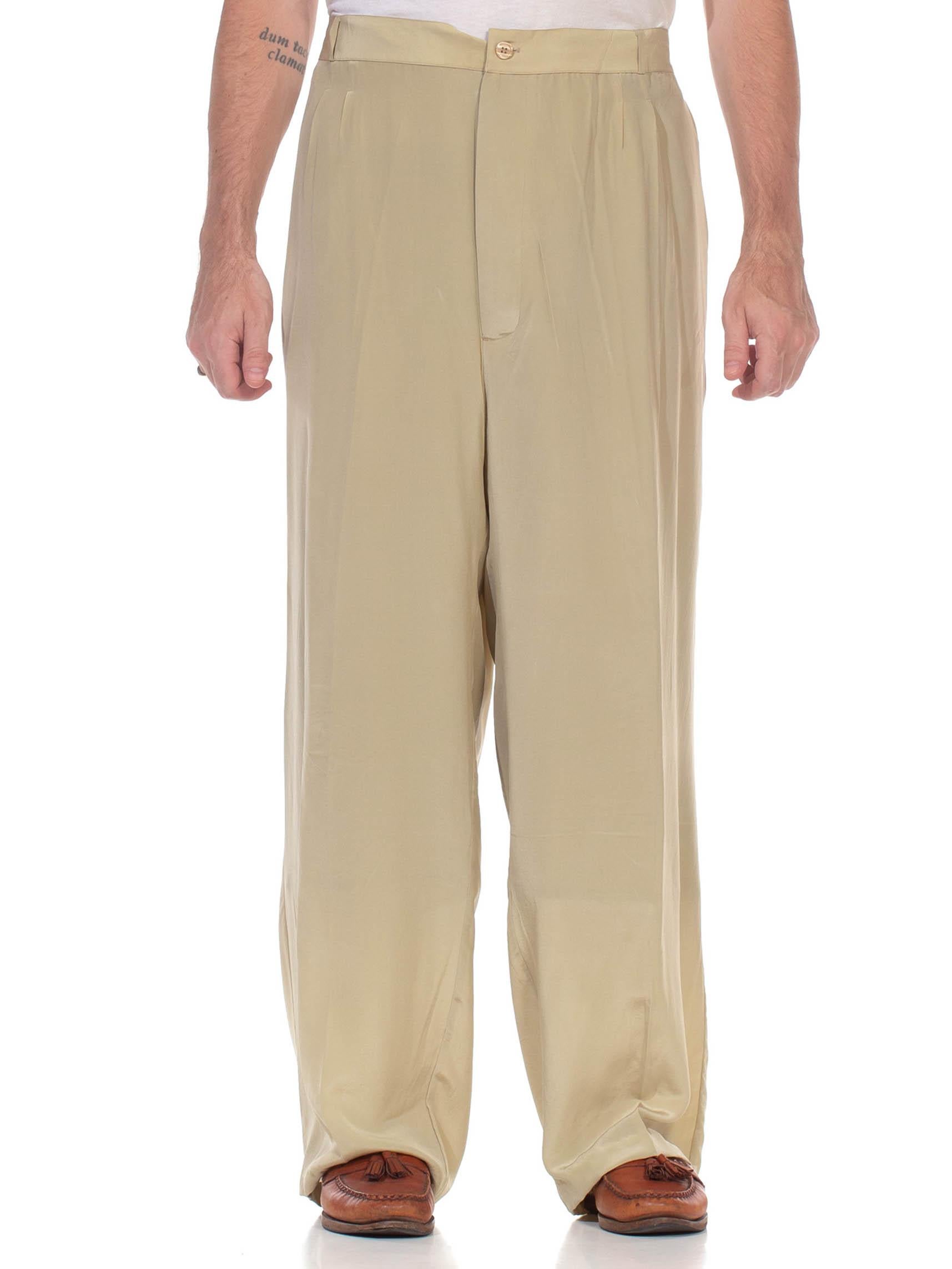 1980S Ecru Silk Crepe De Chine Pleated & Elastic Mens Lightweight Pants 1