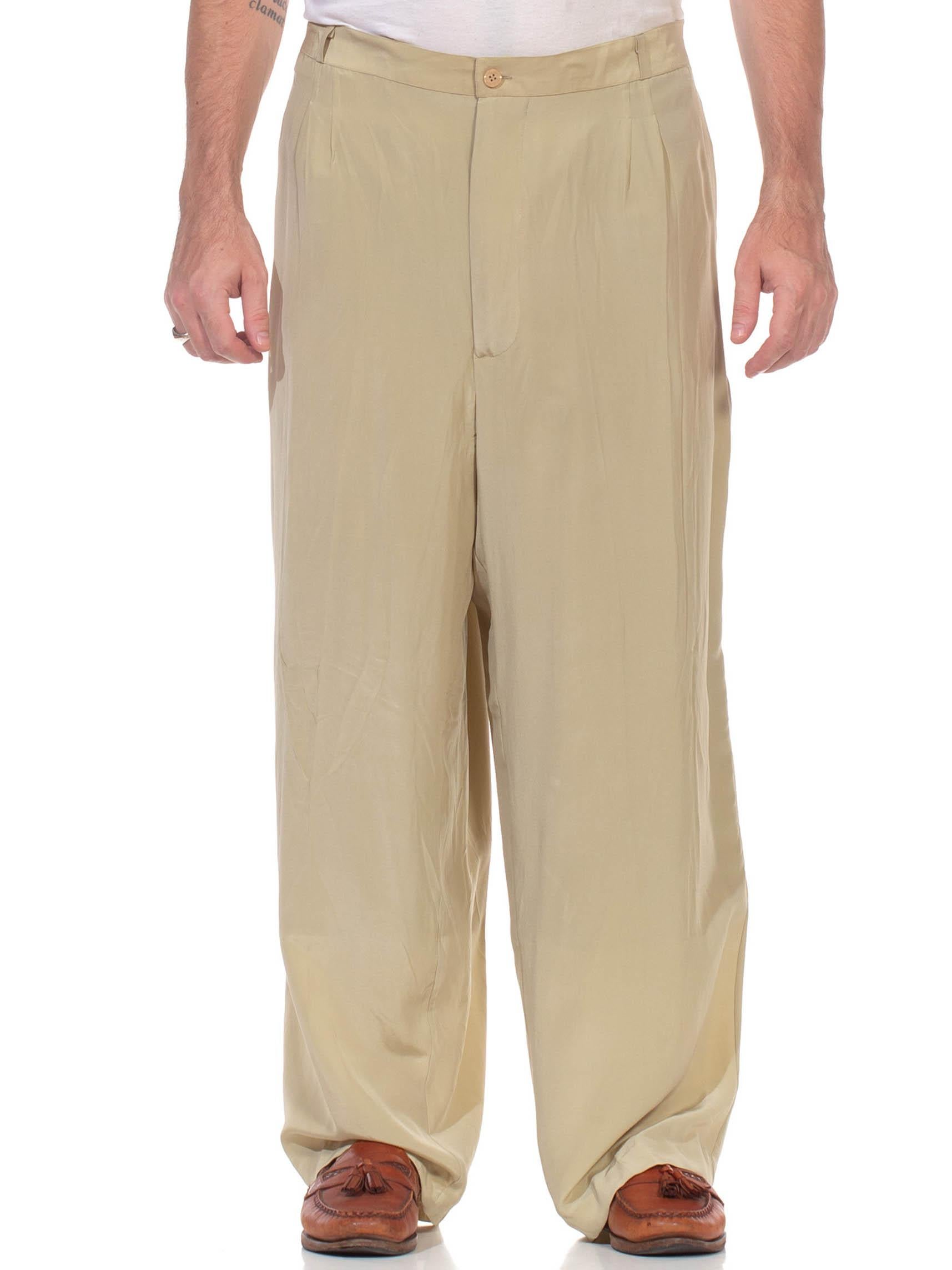 Beige 1980S Ecru Silk Crepe De Chine Pleated & Elastic Men's Pants For Sale