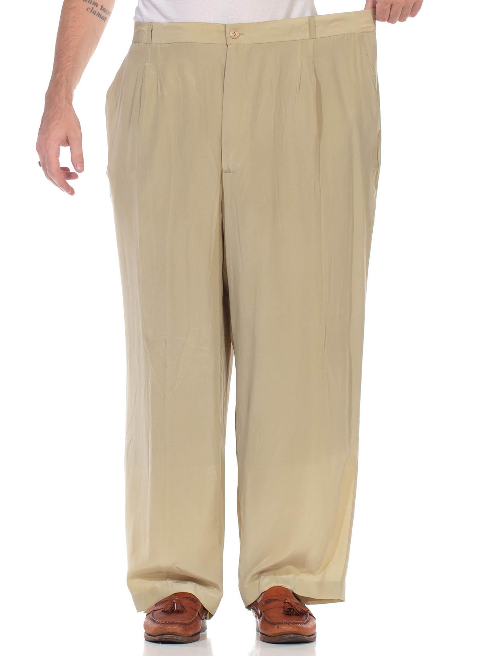1980S Ecru Silk Crepe De Chine Pleated & Elastic Men's Pants For Sale 1