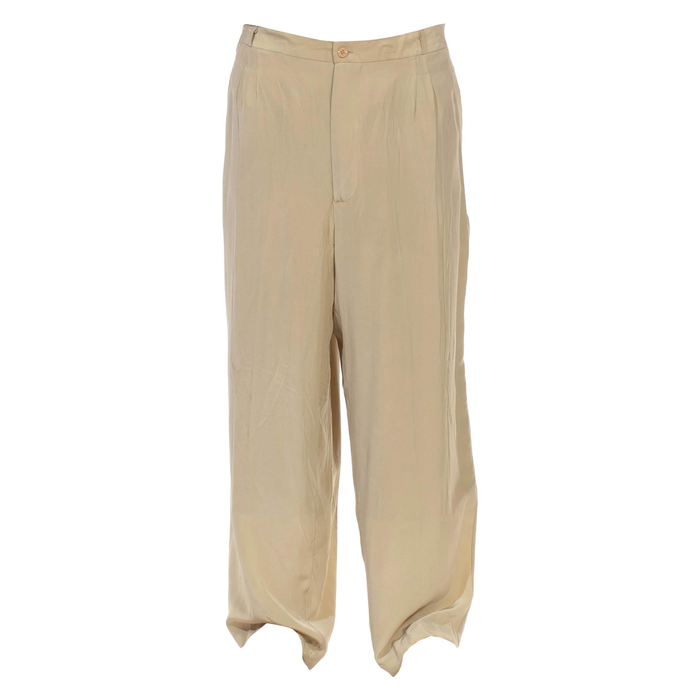 1980S Ecru Silk Crepe De Chine Pleated & Elastic Men's Pants For Sale
