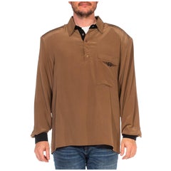 1980S EDGON HEATH Oyster Grey Silk Crepe De Chine Long Sleeve Men's Shirt With