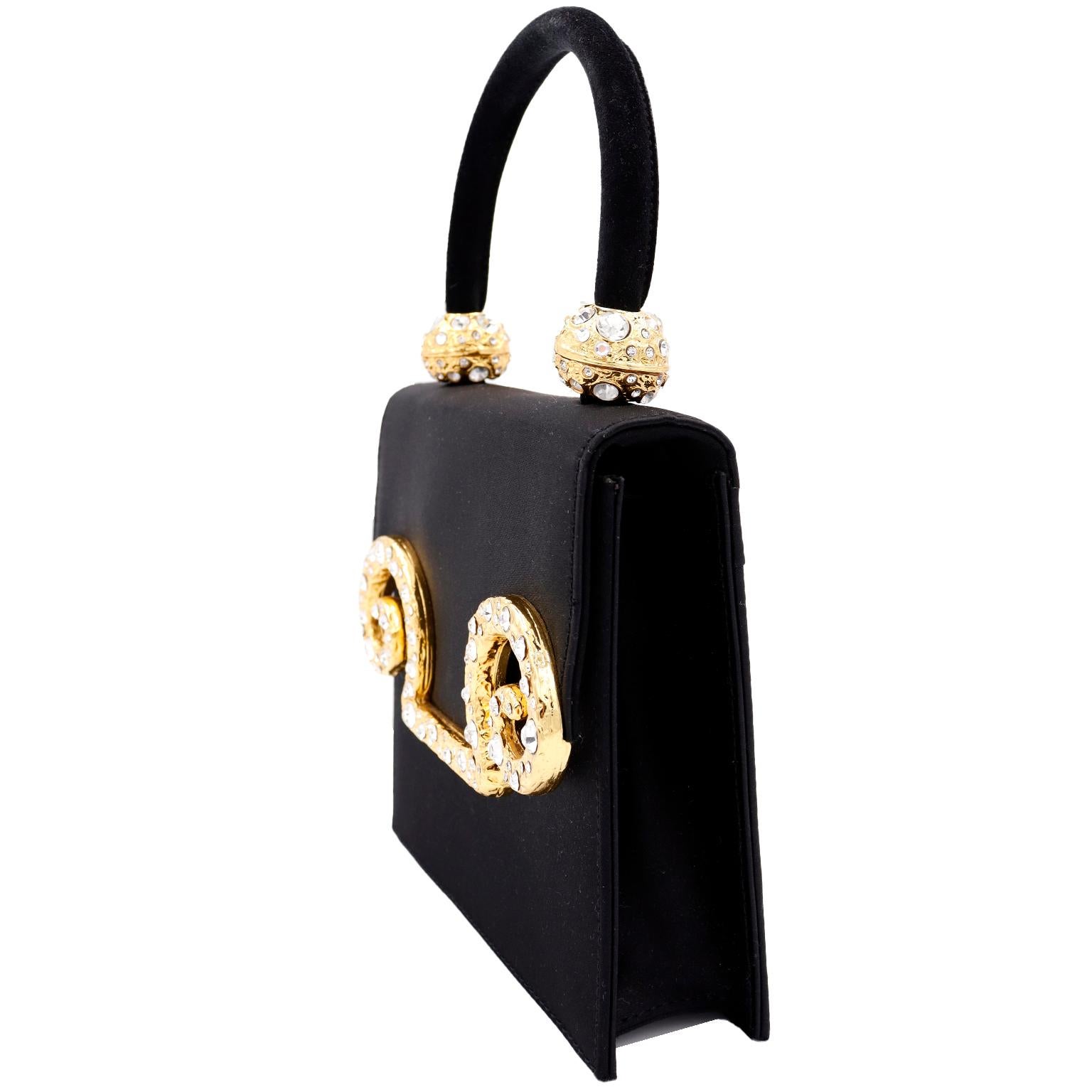 1980s Edouard Rambaud Black Satin Evening Bag W Gold Plated Hardware & Crystals In Excellent Condition In Portland, OR