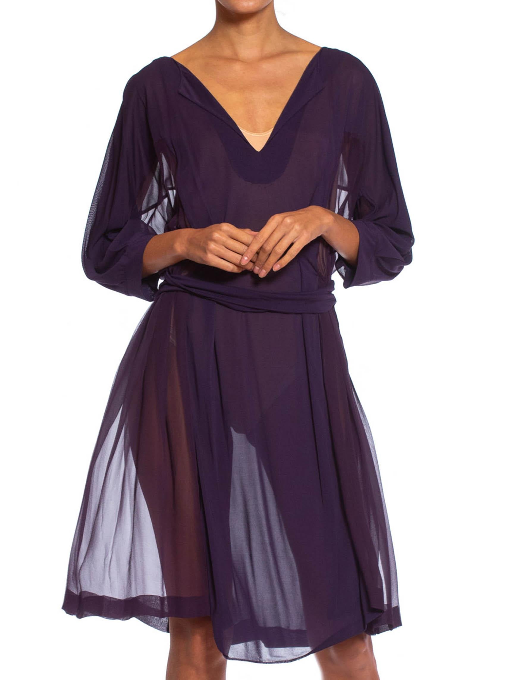 Black 1980S Eggplant Purple Silk Jersey & Chiffon Loose Oversized Shirt Dress For Sale