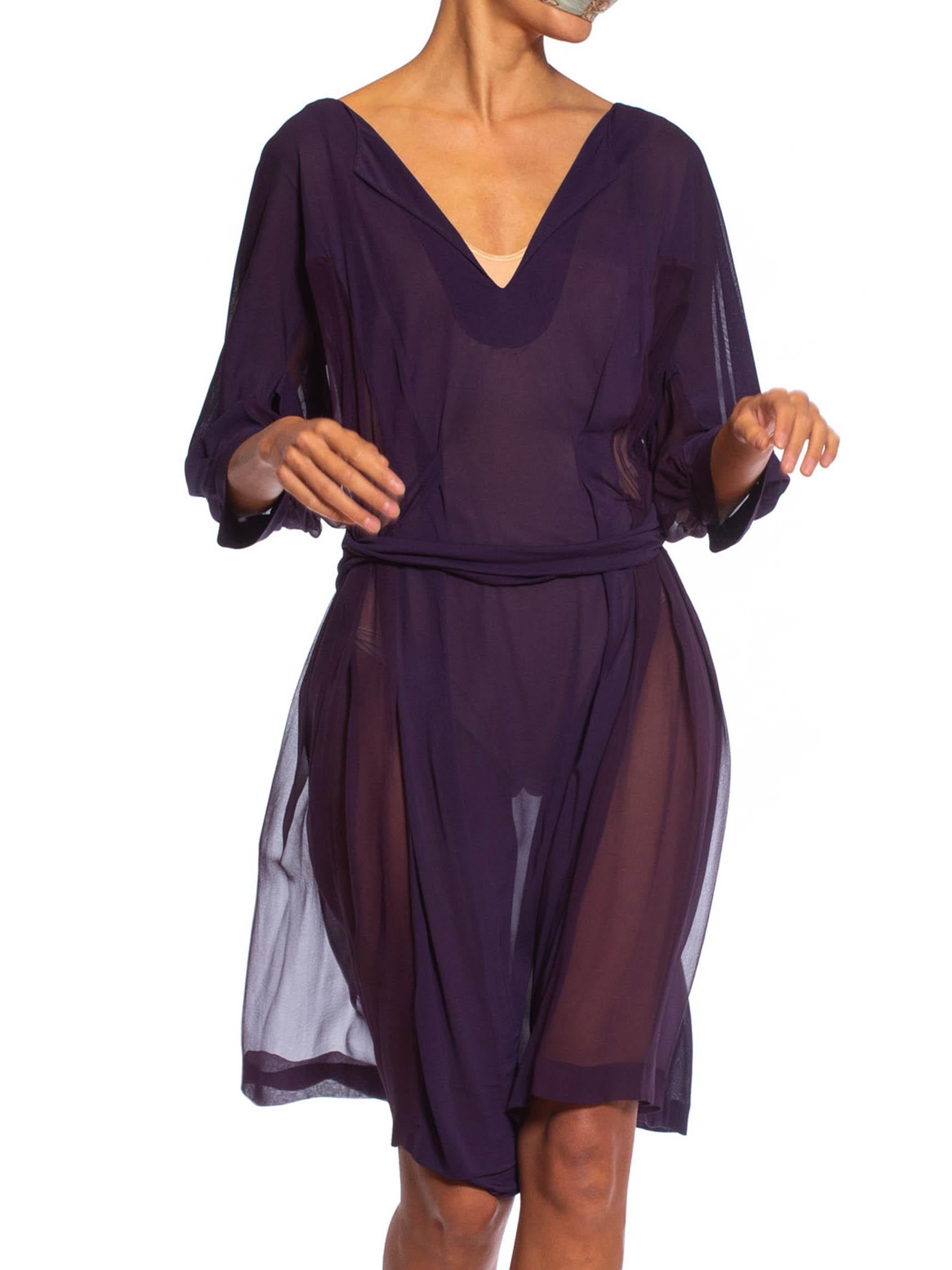 Women's 1980S Eggplant Purple Silk Jersey & Chiffon Loose Oversized Shirt Dress
