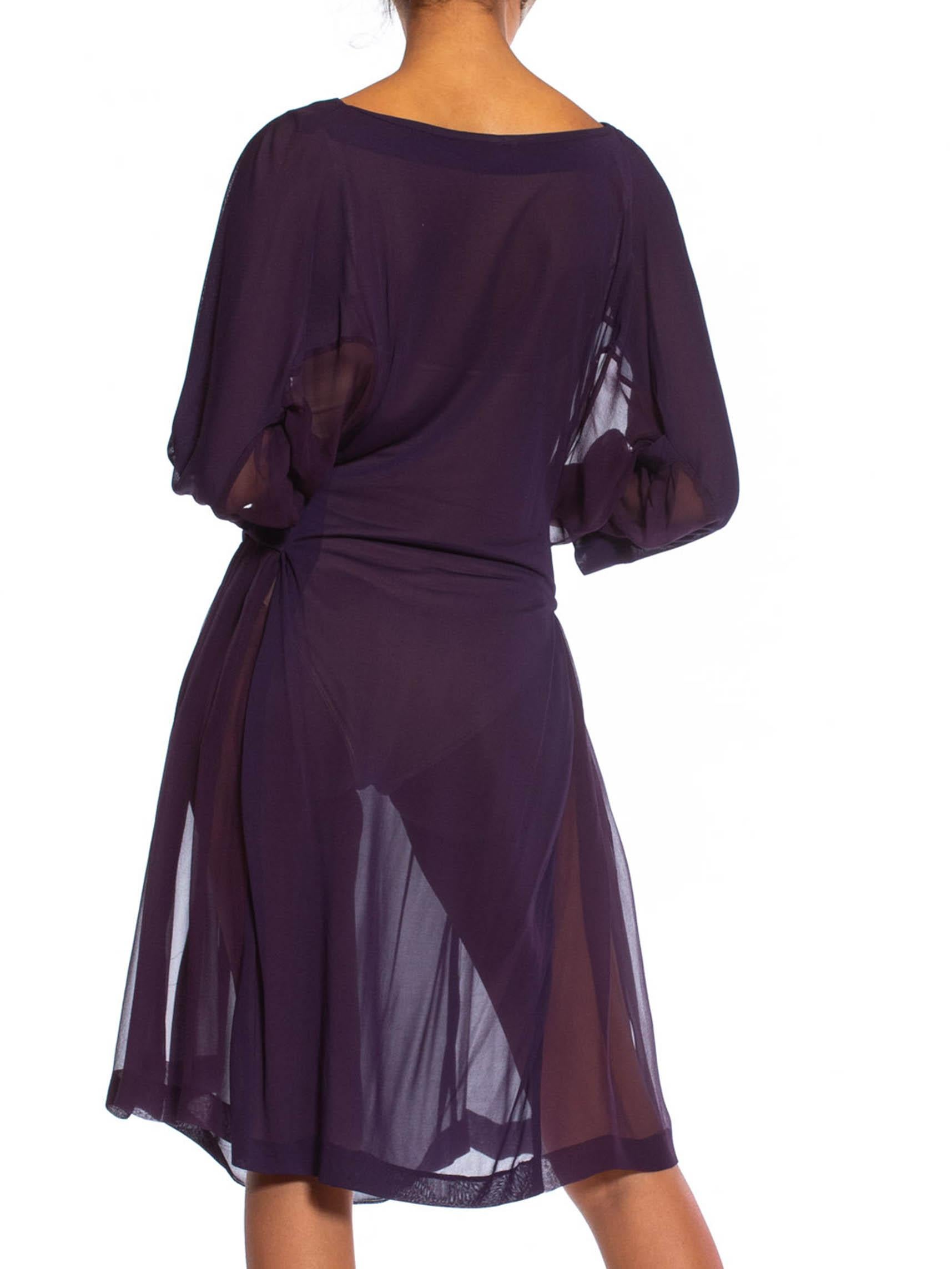 1980S Eggplant Purple Silk Jersey & Chiffon Loose Oversized Shirt Dress For Sale 4