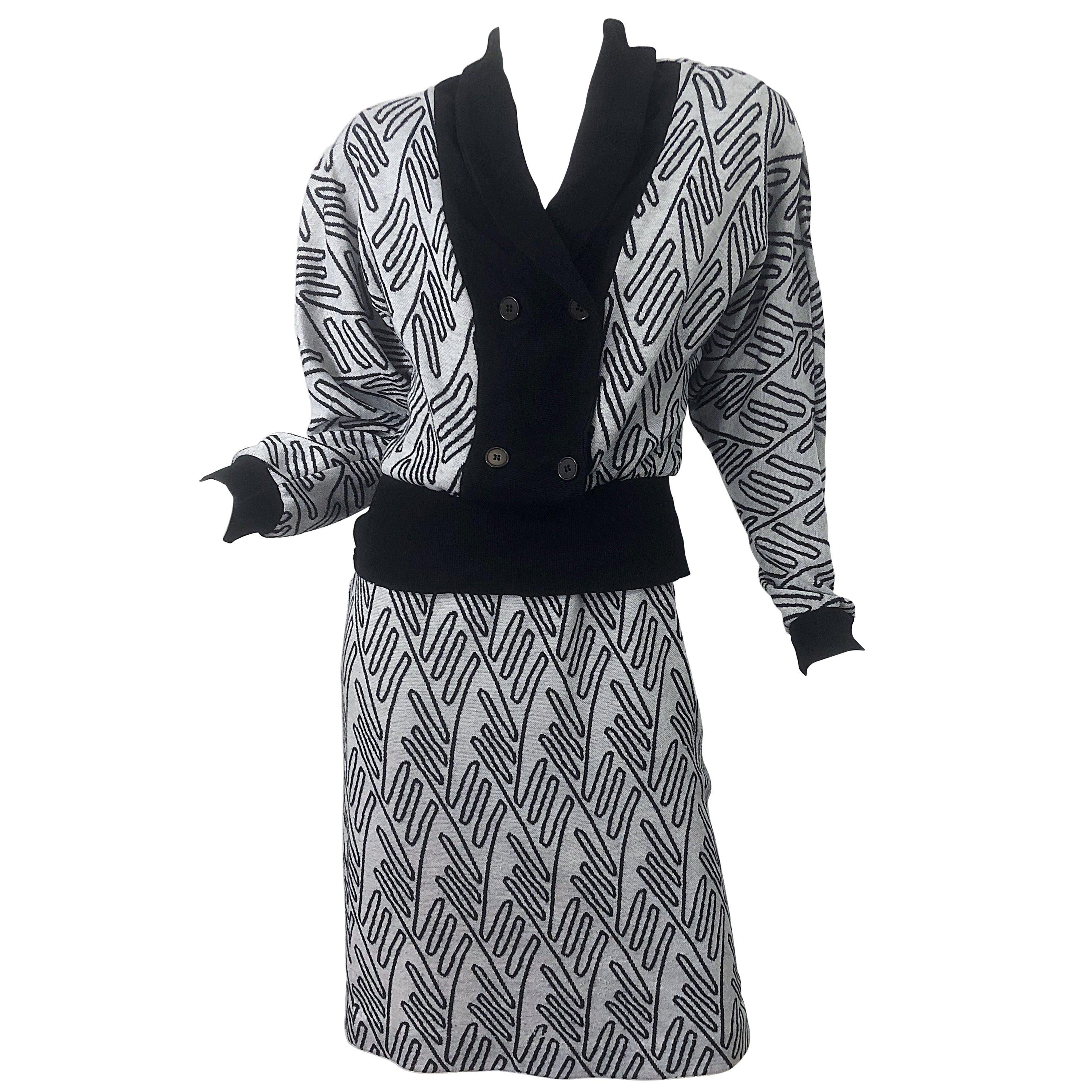 1980s Egon Von Furstenberg Black + Grey Abstract Print Vintage 80s Sweater Dress