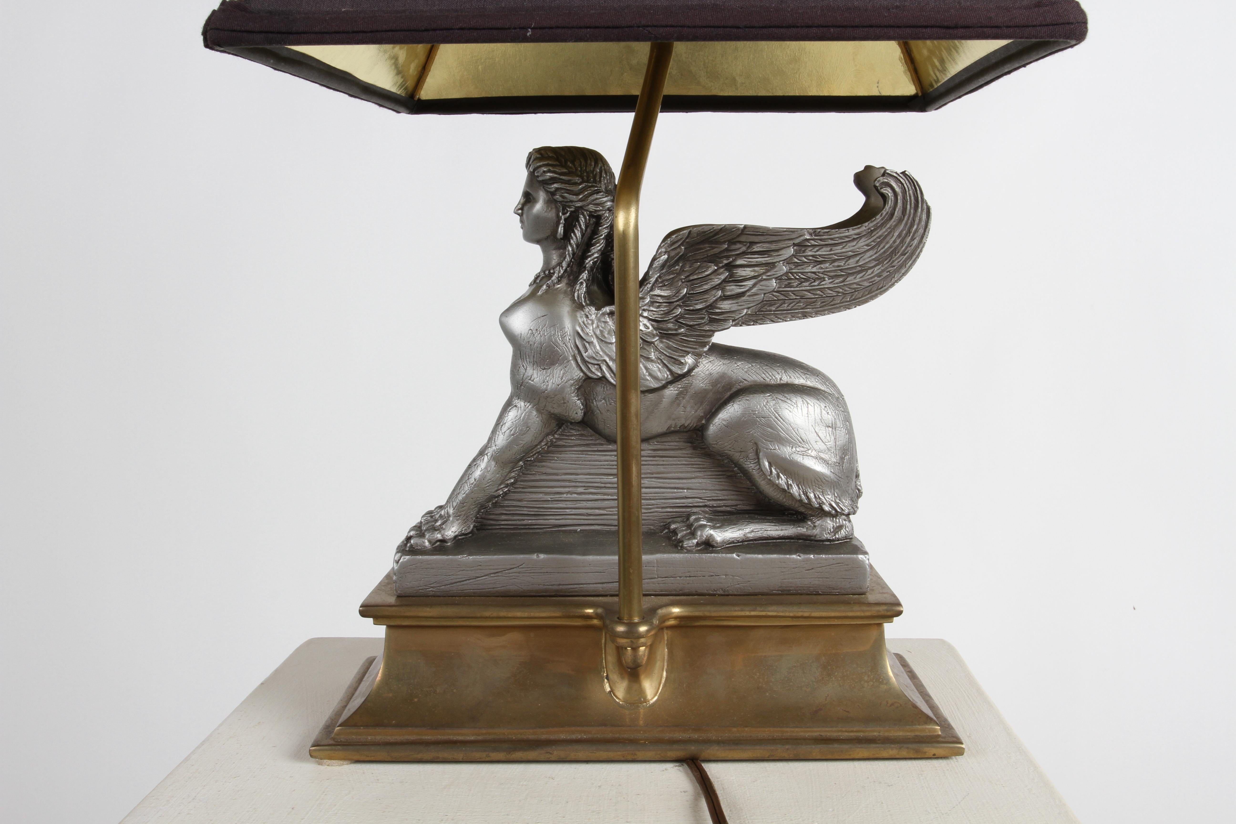 1980s Egyptian Revival Chapman Gray Sphinx on Brass Base Table or Desk Lamp 6