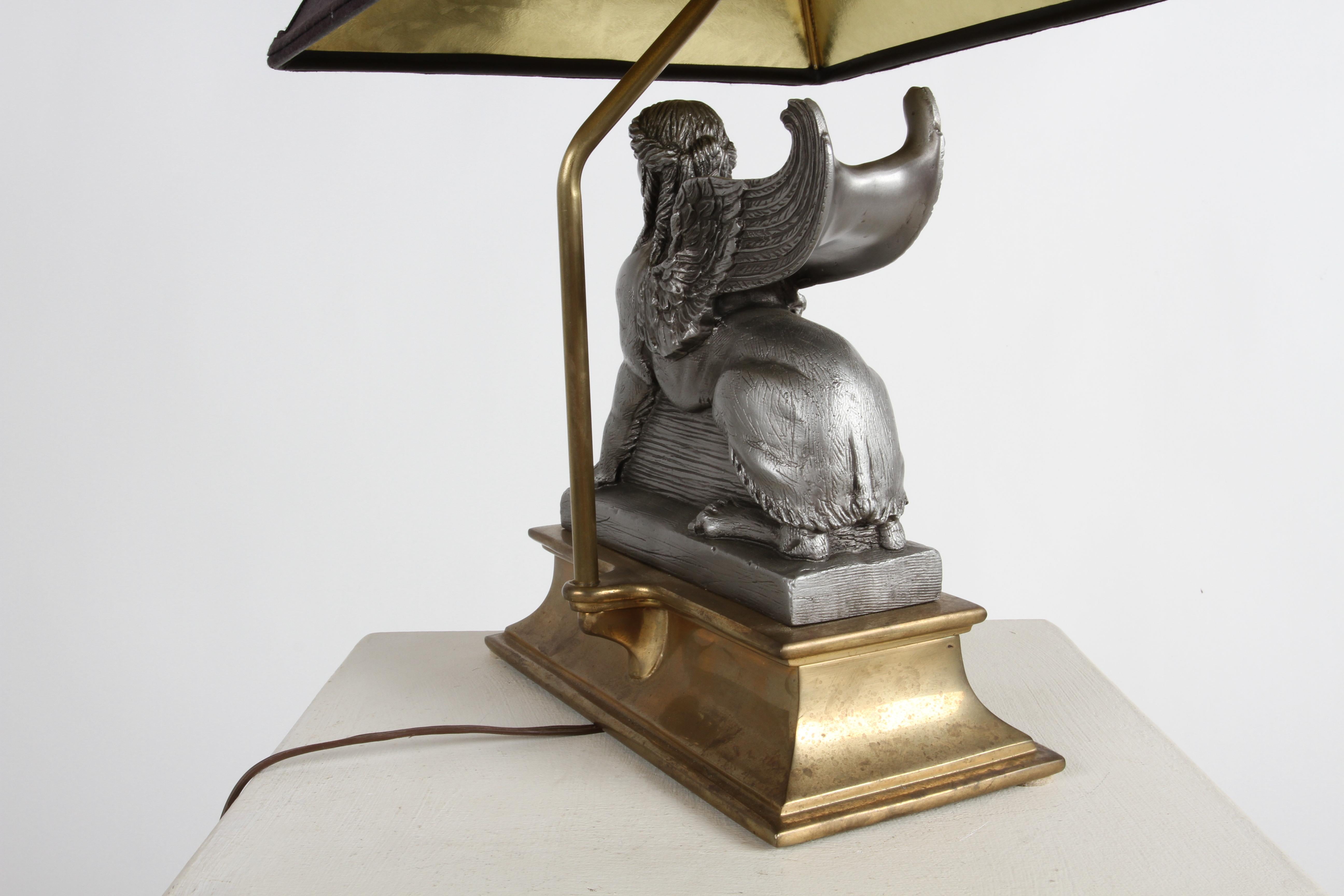 1980s Egyptian Revival Chapman Gray Sphinx on Brass Base Table or Desk Lamp 8
