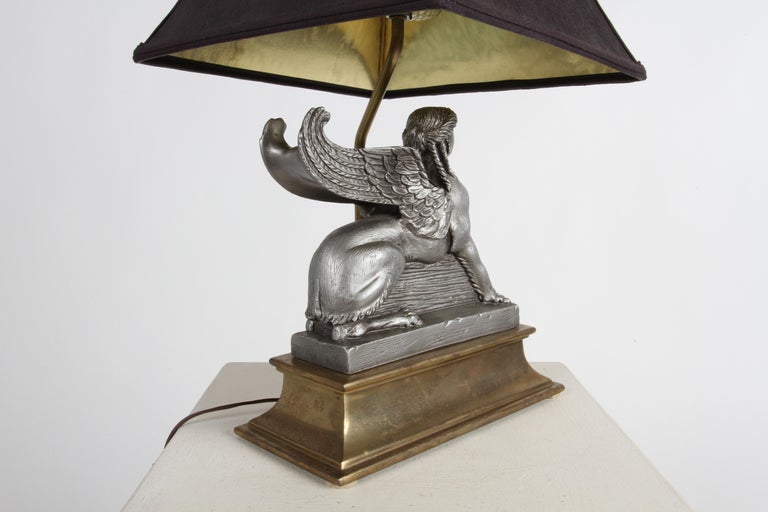 1980s Egyptian Revival Chapman Gray Sphinx on Brass Base Table or Desk Lamp For Sale 9