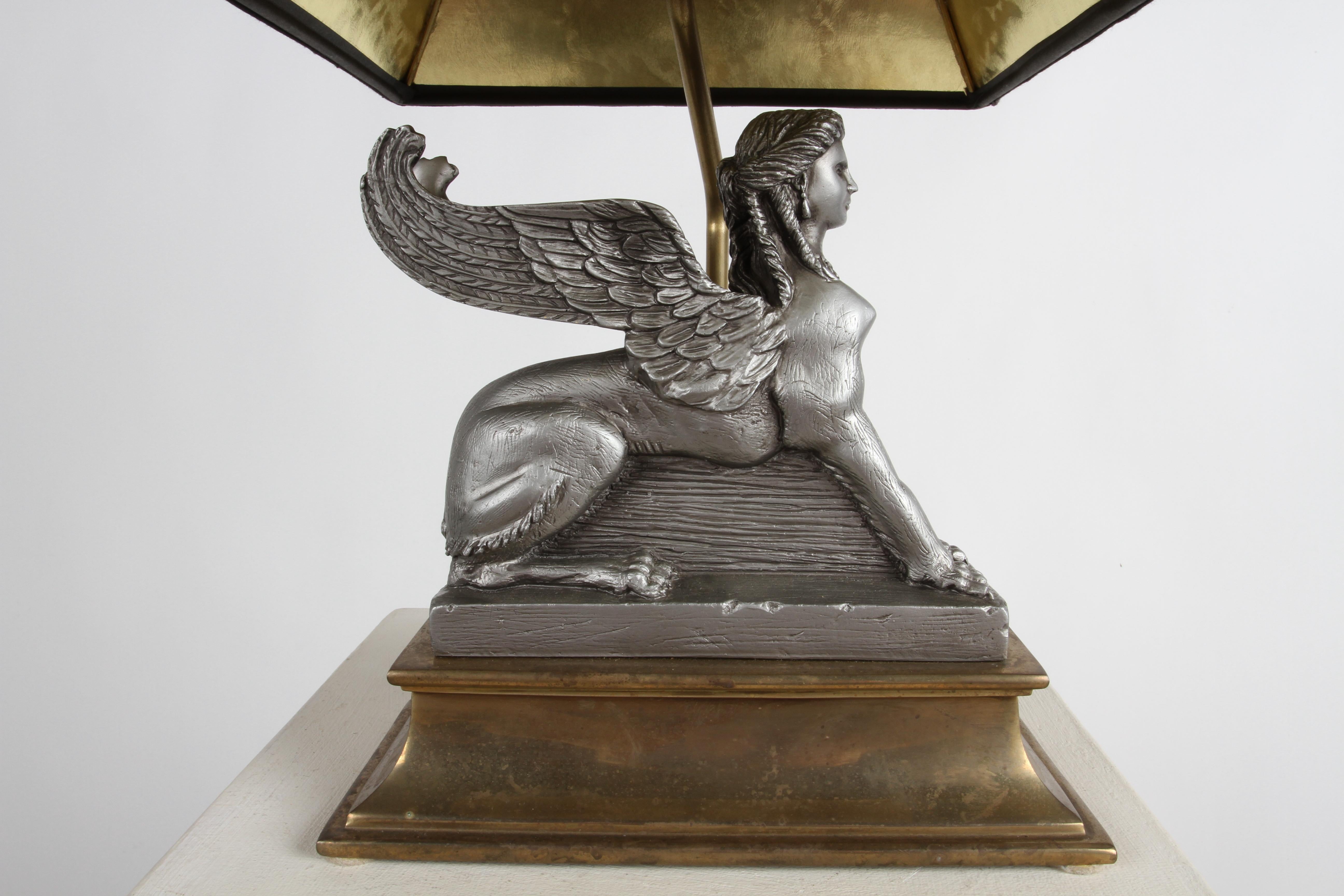 Unknown 1980s Egyptian Revival Chapman Gray Sphinx on Brass Base Table or Desk Lamp