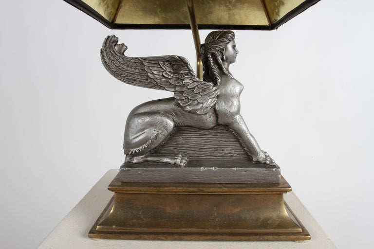 Unknown 1980s Egyptian Revival Chapman Gray Sphinx on Brass Base Table or Desk Lamp For Sale