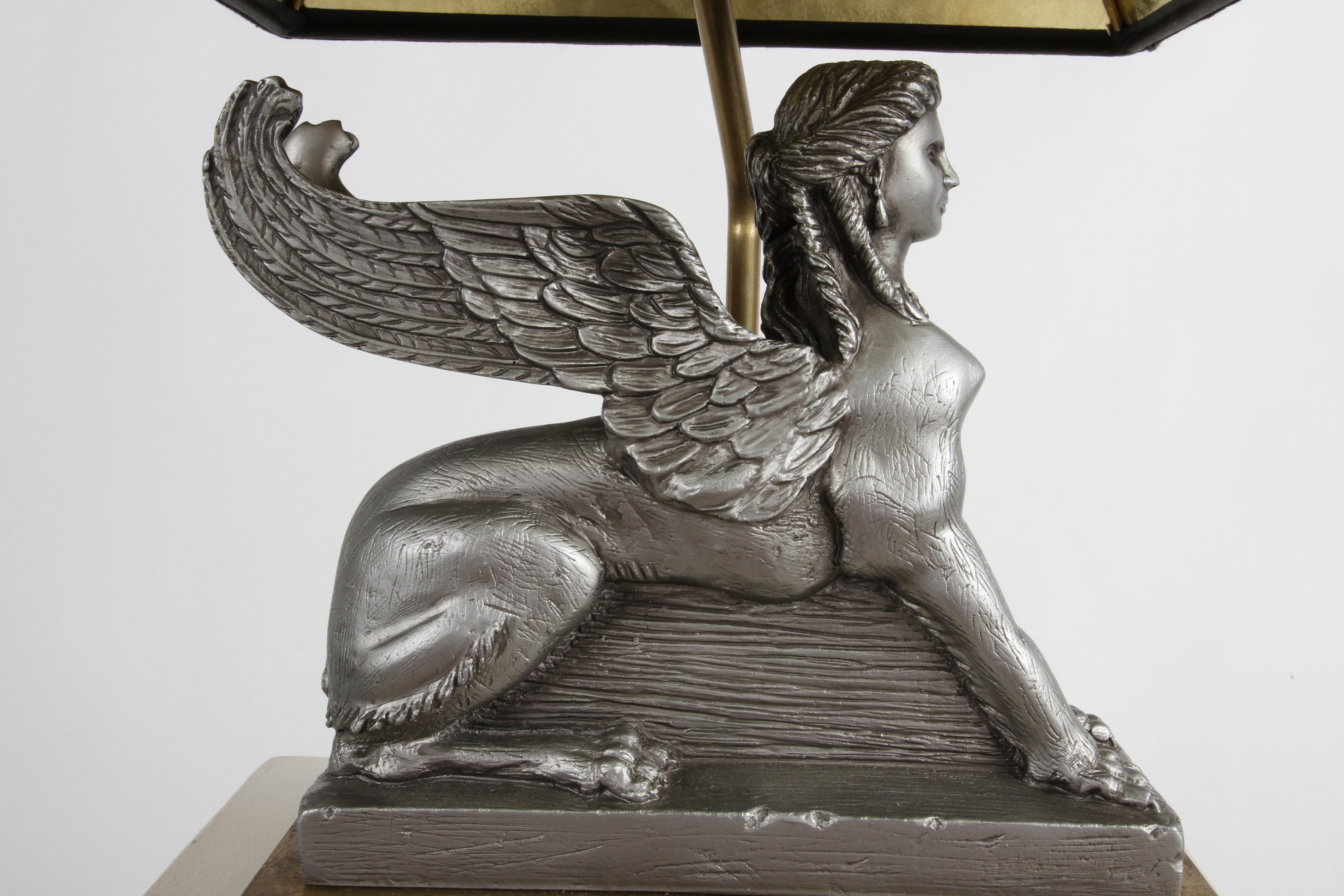 1980s Egyptian Revival Chapman Gray Sphinx on Brass Base Table or Desk Lamp In Good Condition In St. Louis, MO