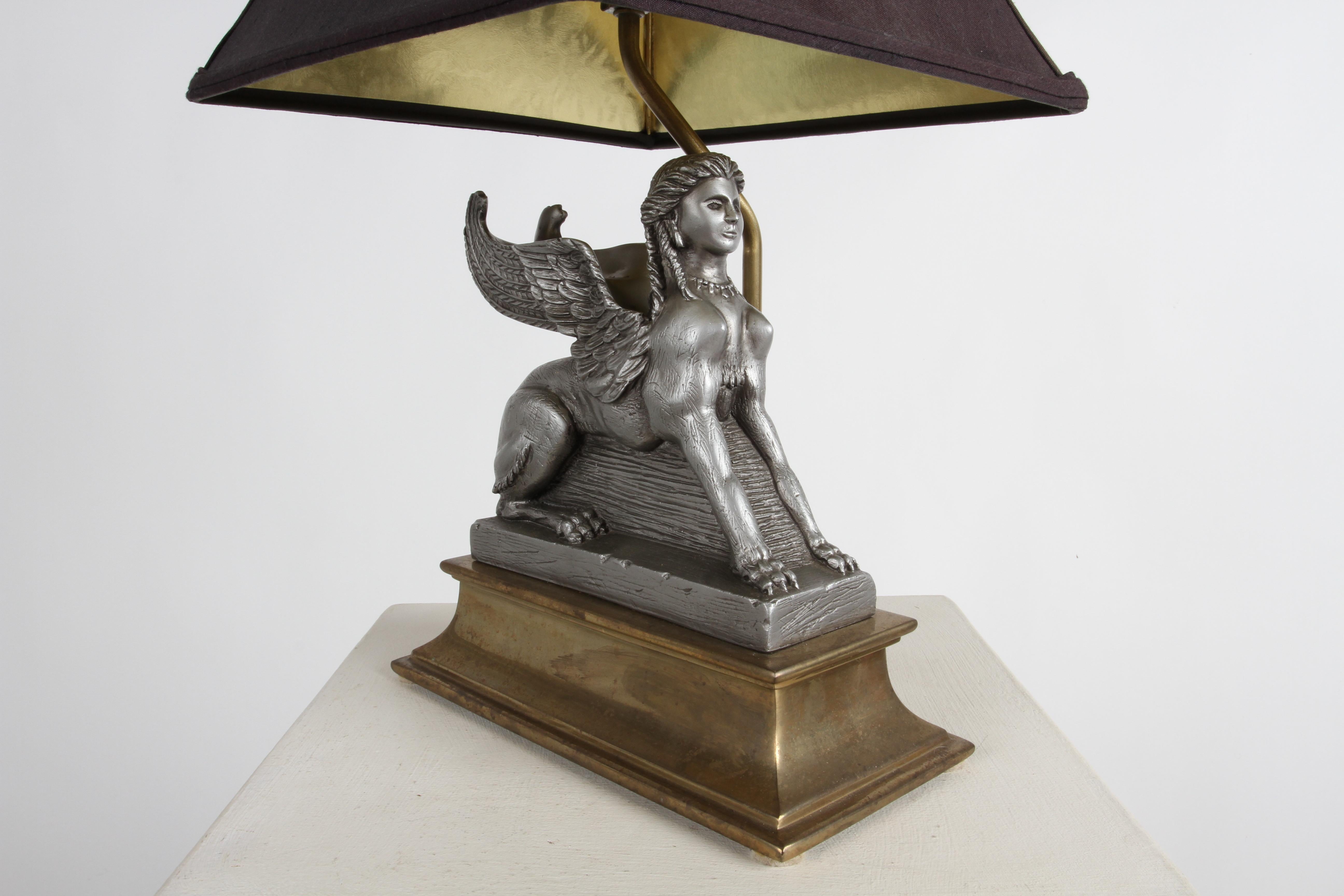 Late 20th Century 1980s Egyptian Revival Chapman Gray Sphinx on Brass Base Table or Desk Lamp