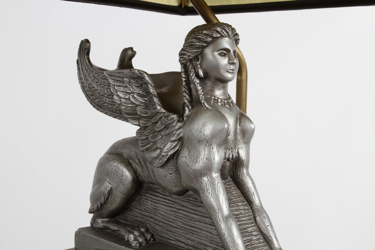 1980s Egyptian Revival Chapman Gray Sphinx on Brass Base Table or Desk Lamp For Sale 1
