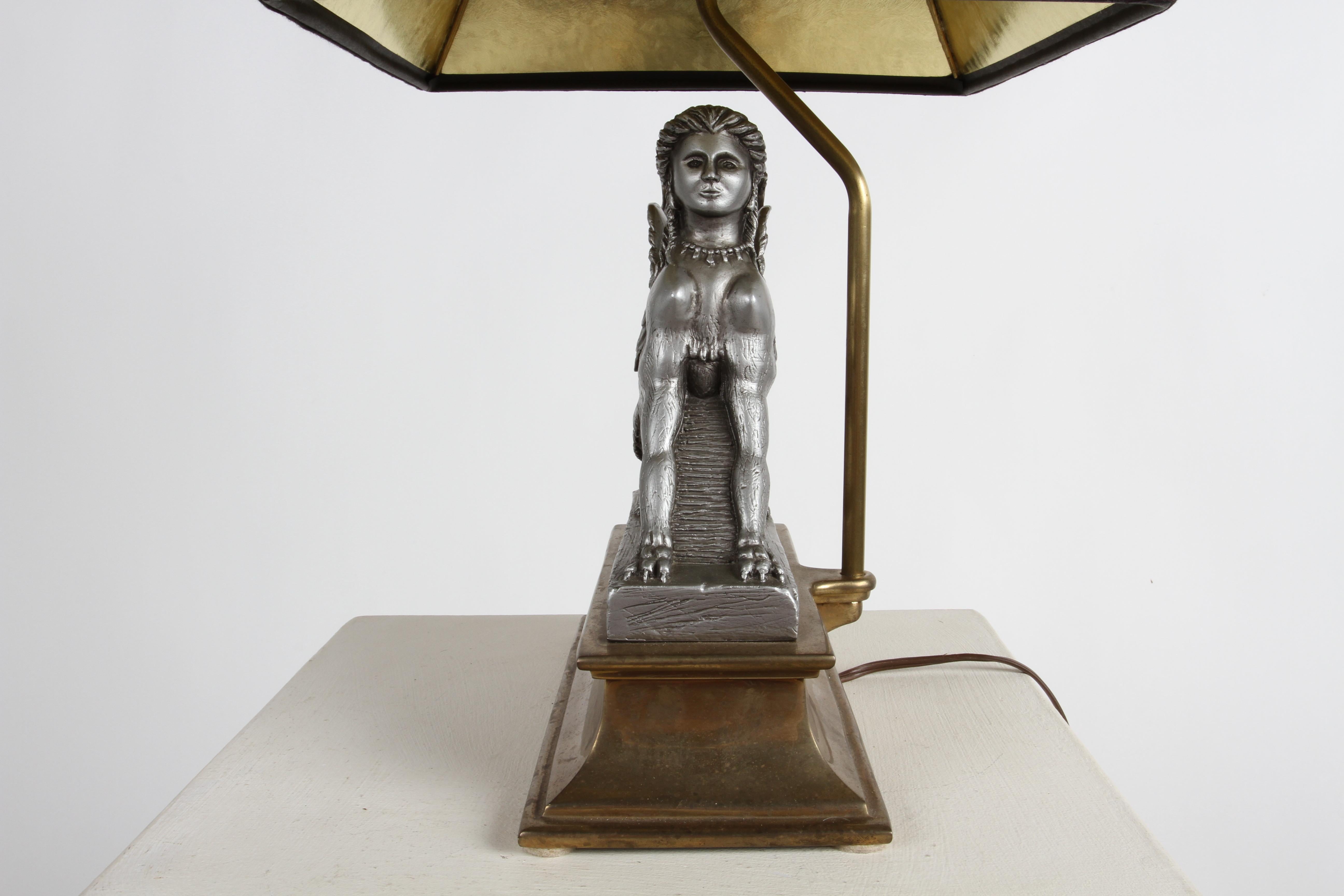 1980s Egyptian Revival Chapman Gray Sphinx on Brass Base Table or Desk Lamp 2