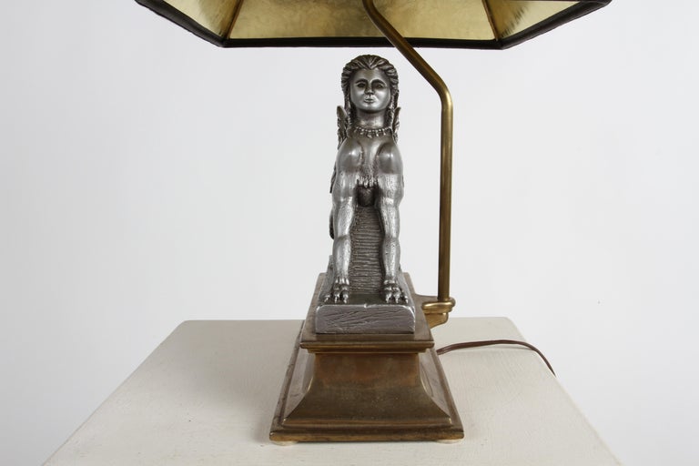 1980s Egyptian Revival Chapman Gray Sphinx on Brass Base Table or Desk Lamp For Sale 2