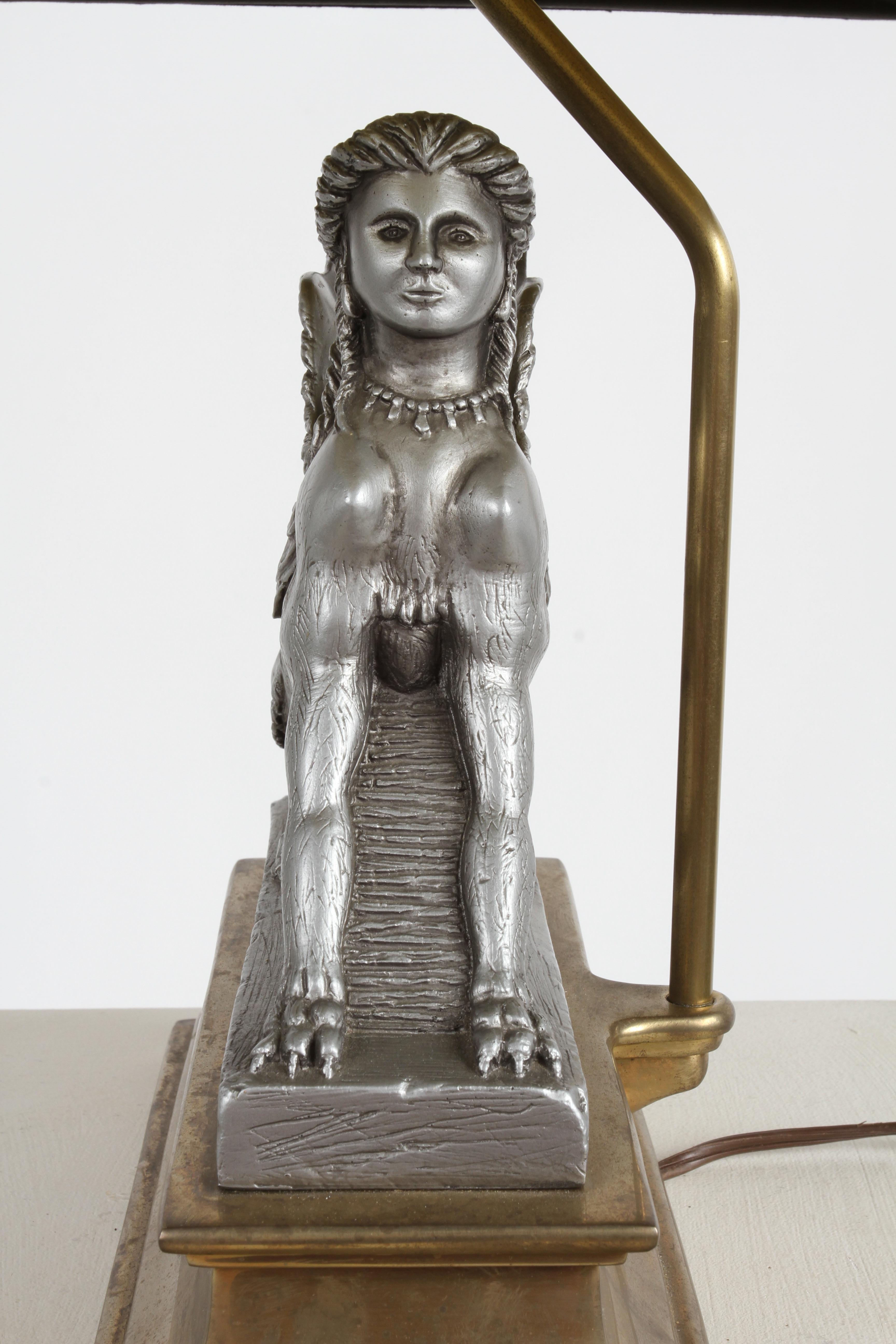 1980s Egyptian Revival Chapman Gray Sphinx on Brass Base Table or Desk Lamp 3