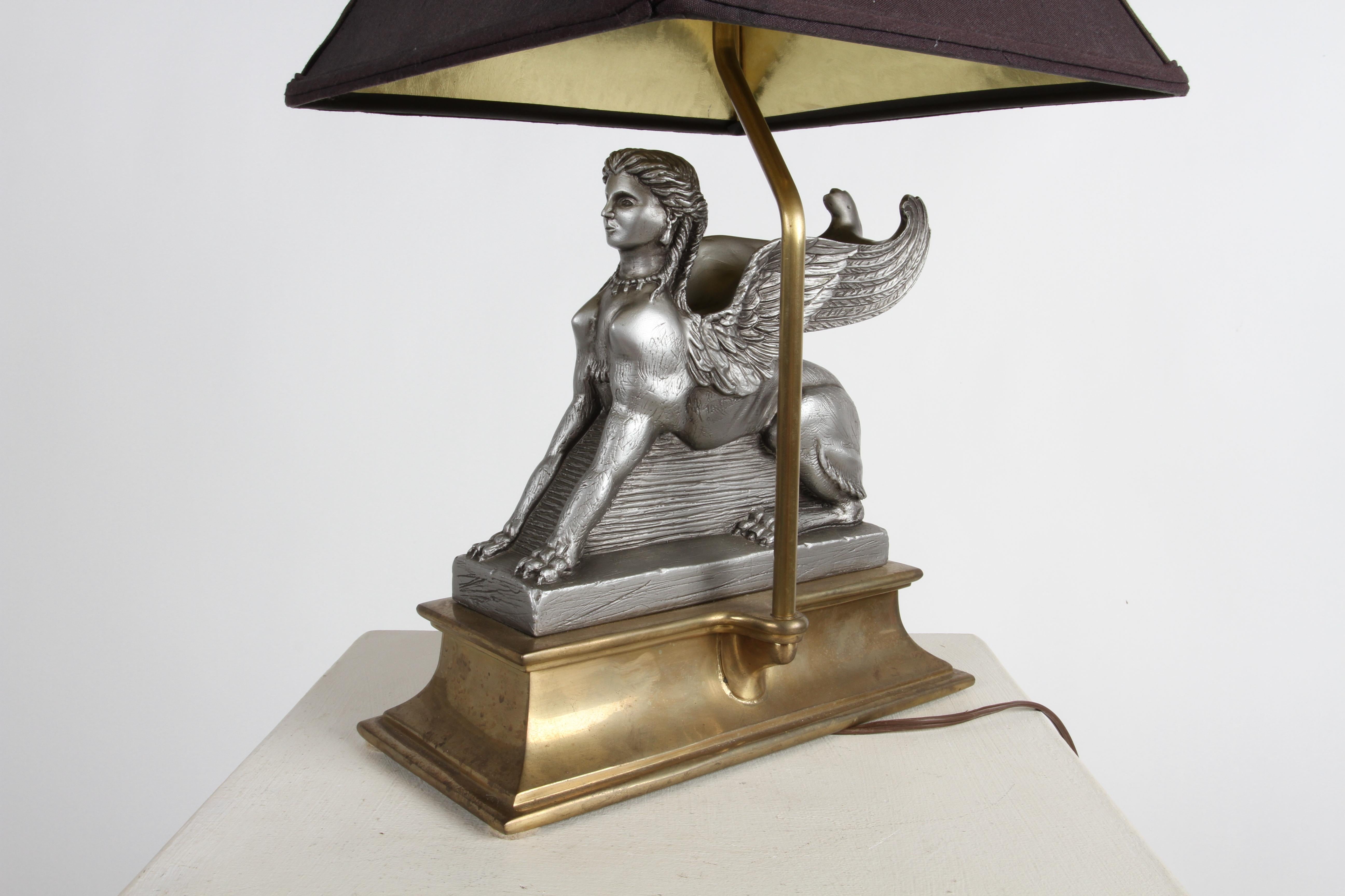 1980s Egyptian Revival Chapman Gray Sphinx on Brass Base Table or Desk Lamp 4