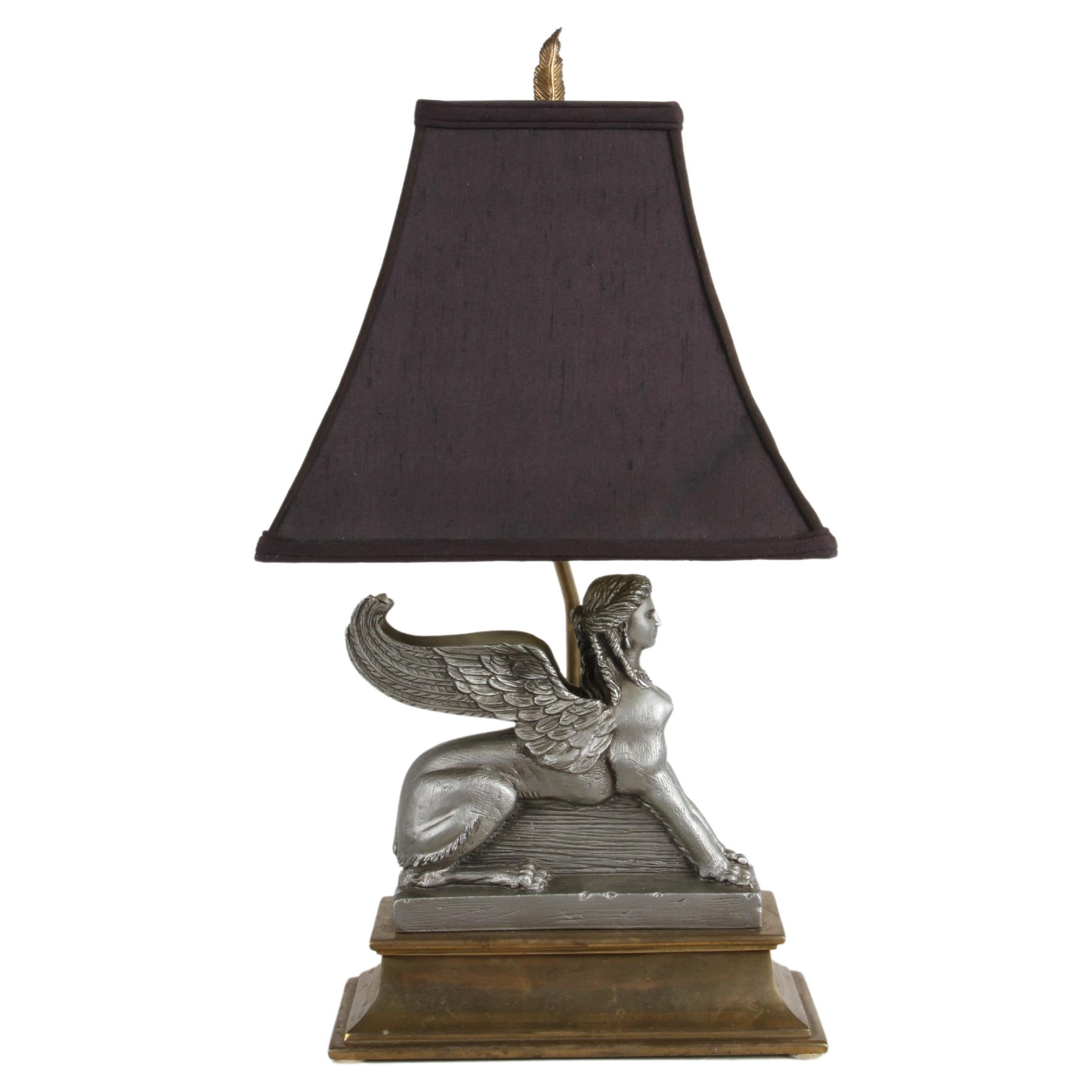 1980s Egyptian Revival Chapman Gray Sphinx on Brass Base Table or Desk Lamp
