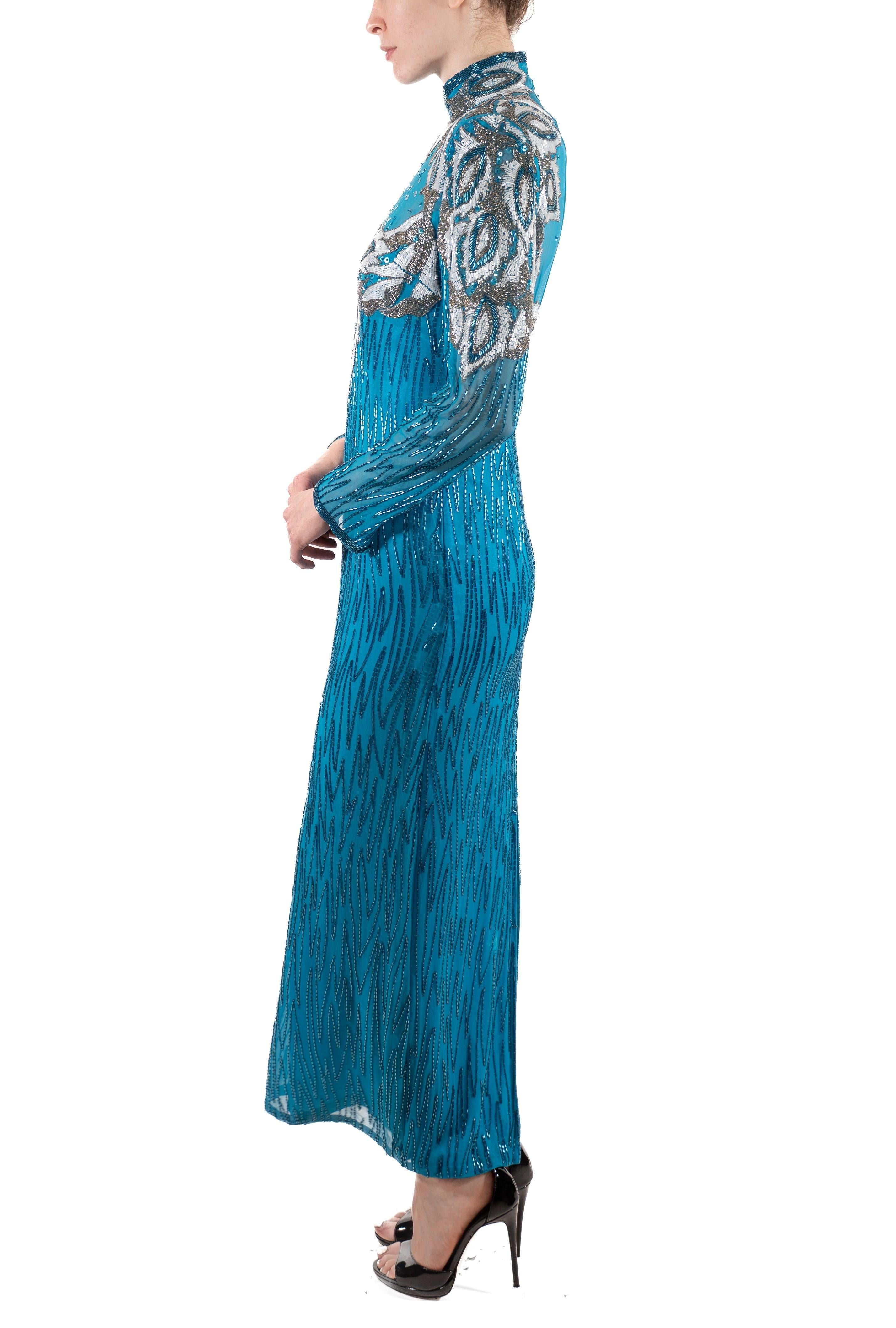 1980S Electric Blue Beaded Silk Chiffon Dynasty Gown With Sleeves In Good Condition For Sale In New York, NY