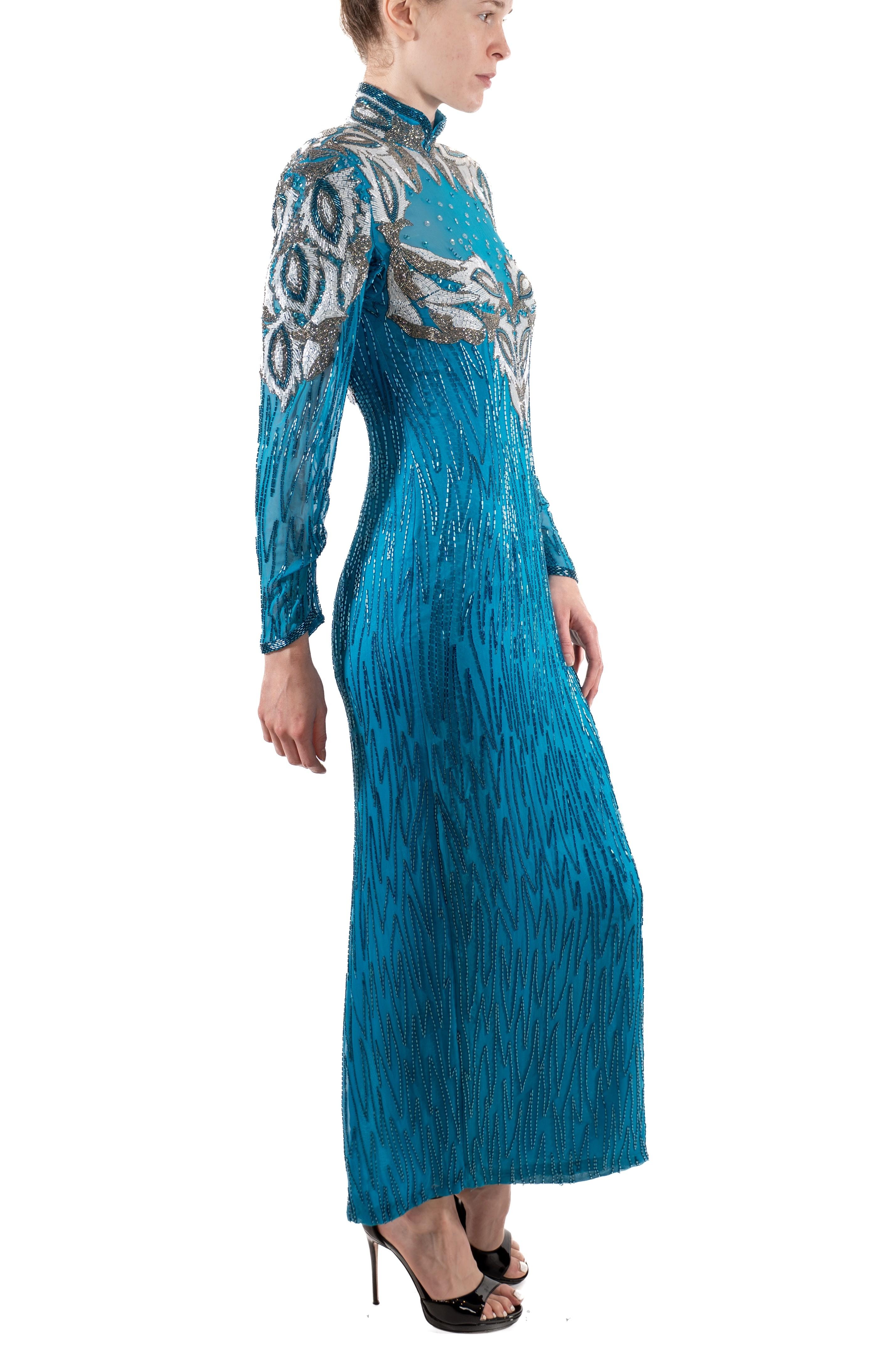 1980S Electric Blue Beaded Silk Chiffon Dynasty Gown With Sleeves For Sale 3